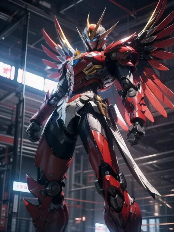 1 giant robot, Mazinger Z, Go Nagai, aesthetic artwork, ((open head for glider position)), yellow eyes, full body, ((black and silver super mazinger robot armor with blue forearms and calves, detail intricate, high level of detail)), ((two red metal zetas on the chest)), ((red super huge mechanical glider wings)), (extremely detailed 8K wallpaper), full body, soft lighting, high quality, film grain, sharp focus fujifilm XT3, f 5.6, 50 mm, high level of detail, sharp focus, complex details