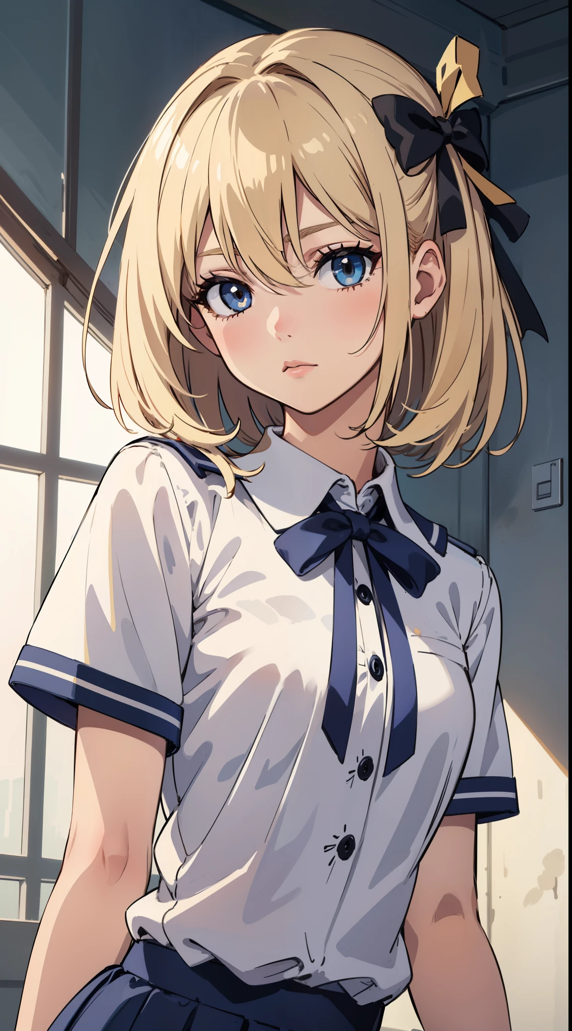 NSFW, High school girl standing in school classroom、table top, highest quality, High resolution, masterpiece、break ((from below:1.6))、((Low - Angle:1.5))、((Upskirt、torn skirt))、(black pantyhose:1.5)、white panties under pantyhose、break(1 girl),(beautiful eyes、drawn in detail、face every detail、masterpieceサイドライト、masterpiece、highest quality、detailed、High resolutionのイラスト),delicate makeup, (cowboy shot:1.2)、throw、soft focus ground bokeh、smile, break(highest qualityのイラスト:1.2), (cute女の子:1.1),(highest qualityのイラスト:1.2), (cute女の子:1.1), (1 girl:1.5, solo:1.5)、 (1 girl、18-year-old、One Pose、cute、Medium chest:1.5、超detailedな目:1.2)、(beautiful breasts)、、(short hair)、(((short bob hair)))、thin waist、small ass、、超High resolution、detailedなアーム:1.2),break 高校の、(dark blue blazer)、(white shirt)、(blue ribbon)、((white pleated skirt:1.5))、非常にdetailedです, Complex, table top, absurd、 ((smooth texture:0.75, realistic texture:0.5, Anime CG style))