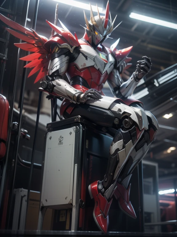 1 giant robot, Mazinger Z, Go Nagai, aesthetic artwork, ((open head for glider position)), yellow eyes, full body, ((black and silver super mazinger robot armor with blue forearms and calves, detail intricate, high level of detail)), ((two red metal zetas on the chest)), ((red super huge mechanical glider wings)), (extremely detailed 8K wallpaper), full body, soft lighting, high quality, film grain, sharp focus fujifilm XT3, f 5.6, 50 mm, high level of detail, sharp focus, complex details