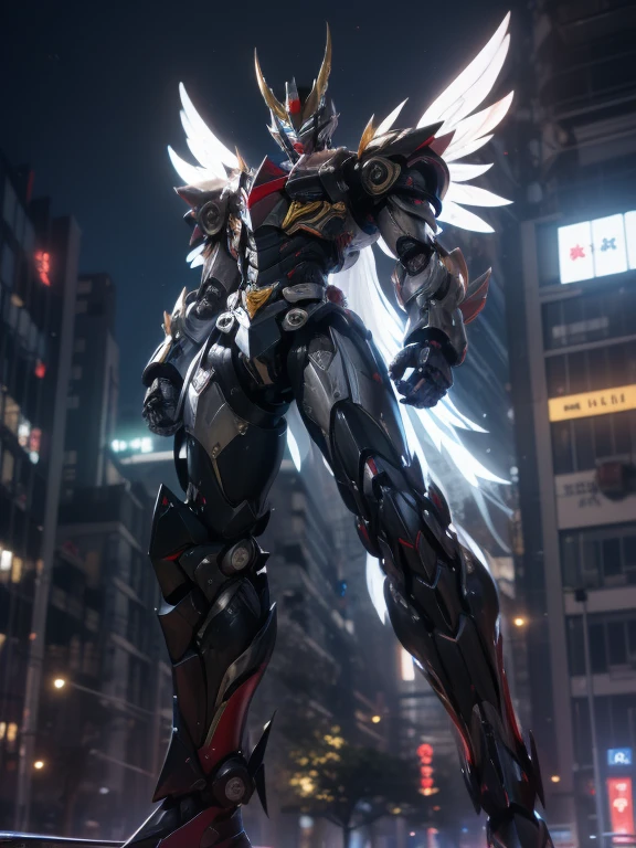 1 giant robot, Mazinger Z, Go Nagai, aesthetic artwork, ((open head for glider position)), yellow eyes, full body, ((black and silver super mazinger robot armor with blue forearms and calves, detail intricate, high level of detail)), ((two red metal zetas on the chest)), ((red super huge mechanical glider wings)), (extremely detailed 8K wallpaper), full body, soft lighting, high quality, film grain, sharp focus fujifilm XT3, f 5.6, 50 mm, high level of detail, sharp focus, complex details