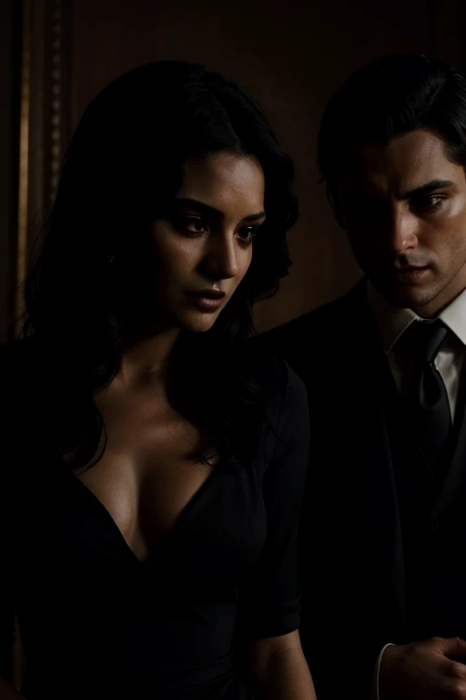 A young black-haired handsome man in his early thirties, elegantly dressed in a suit without a coat, cradles a woman in her mid-twenties. Her raven-black hair cascades around her shoulders, and she wears a striking red elegant dress that hugs her curves. His hand rests gently on the small of her back, and their gazes are locked, deep in conversation or emotion. The scene is set against a gothic background, with shadows elongating and textures accentuating every detail in this cinematic, realistic image. The man's sharp features, brooding eyes, and well-tailored suit add an air of sophistication, while the woman