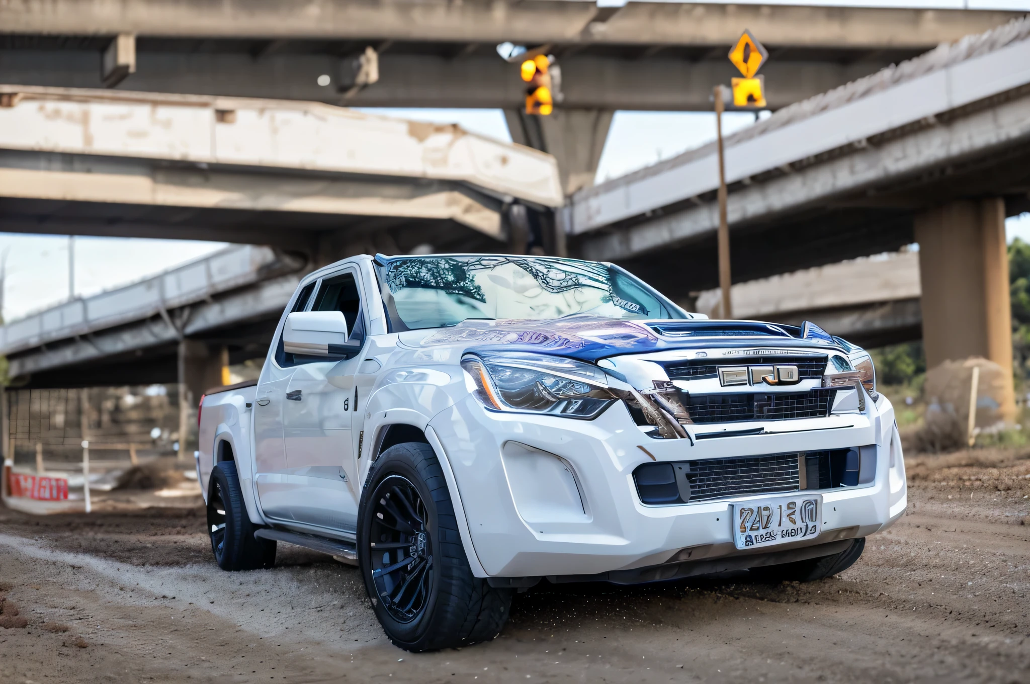 arafed white truck parked on a dirt road near a bridge, wide body, front profile shot, vehicle photography, front profile!!!!, powerful scene, sexy-s 100, frontal shot, front perspective, frontal pose, 🤬 🤮 💕 🎀, crisp smooth lines, super model-s 100, cinematic front shot, 😭 🤮 💕 🎀