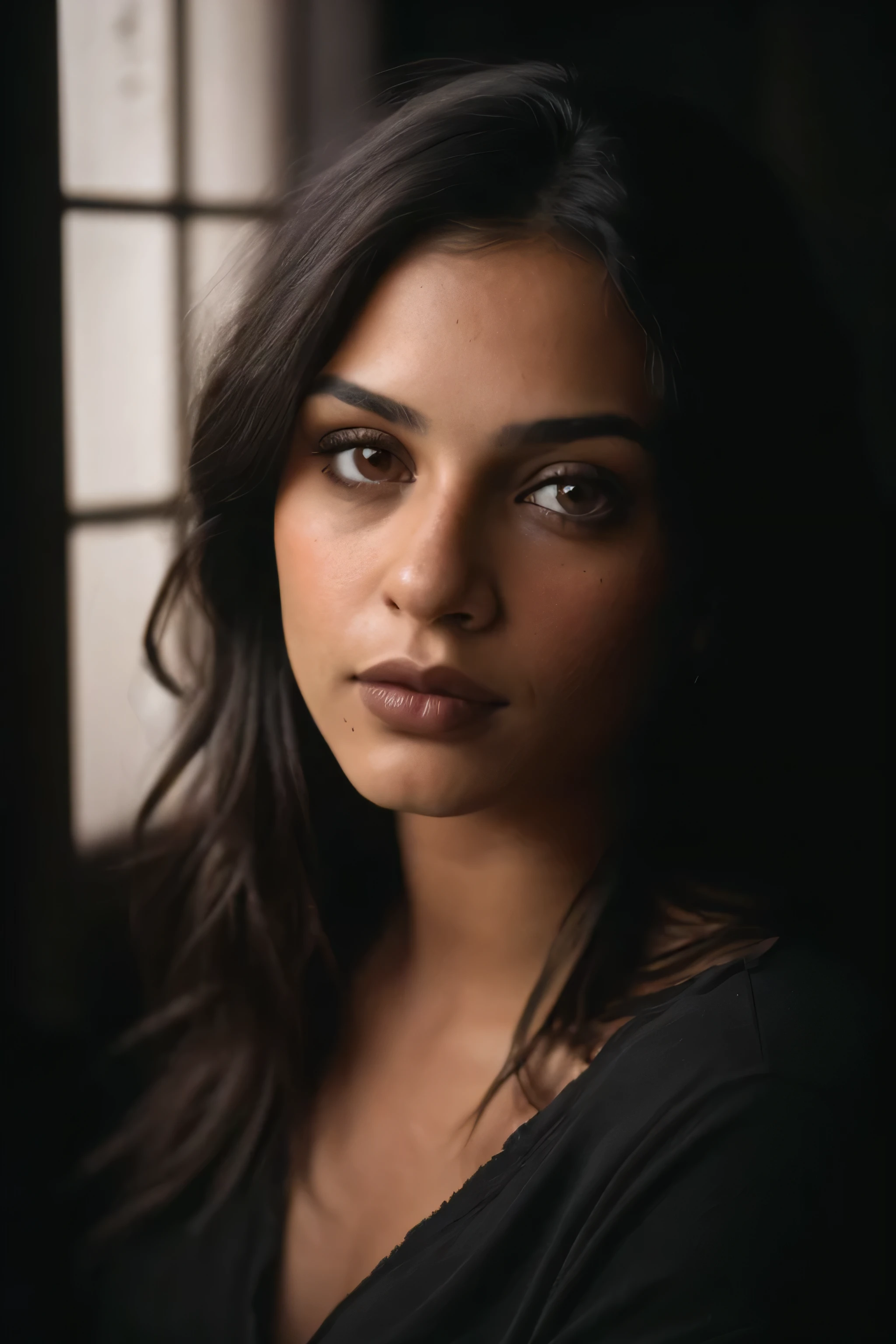 Fermer, editorial photography of'une femme brune hispanique de 32 ans aux yeux verts, (very detailed face:1.4) (sourire:0.7) (background to the'interior of the'darkness, lunatique, private study:1.3) Point de vue, par Lee Jeffries, Nikon D850, photographie de pellicule ,4 codes portra 400 ,f1 camera.6 lentilles ,couleurs riches ,hyper realistic ,Realistic texture, dramatic lighting , cinema 800