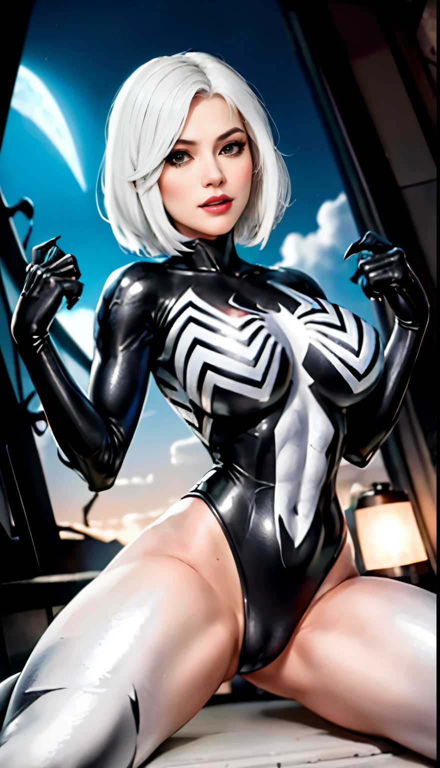 4K,realisticlying,Glamorous,The very detailed,There a girl in Dingcheng,White hair,Wearing a black Spider-Man costume,(Black and white:1.4) the night,symbiote,venomize,a large amount of mucus,she a spiderman,Black superhero theme,In front of the sky,Flushed complexion,( Open legs, camel-toe,, Vulvar shape:1.3),(GGCameltoe:1.3)Legs apart,25 age old,full bodyesbian