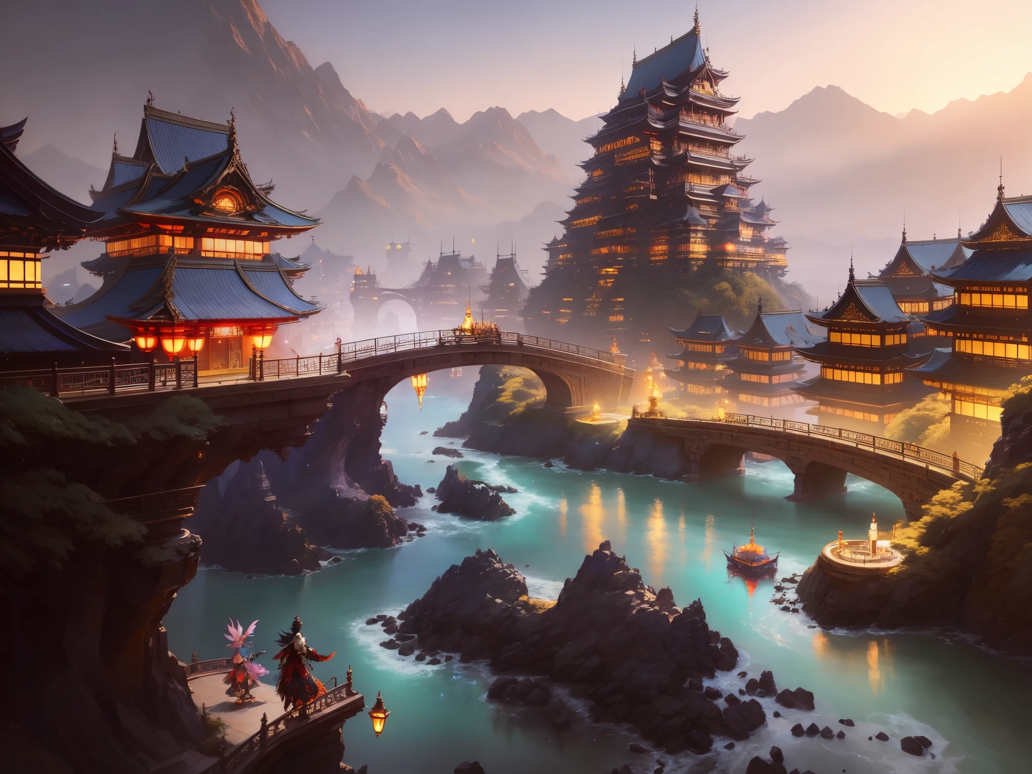 neo-fantasy, Ray tracing, Sparkle, anime - style scene of a city with a river and a bridge, onmyoji detailed art, painterly concept art, colorful kitsune city, onmyoji, colorful concept art, painted as a game concept art, 2. 5 d cgi anime fantasy artwork, style of duelyst, krenz cushart and wenjun lin, andreas rocha style, Detailed landscape, Oriental, streams, gold accents, red railings