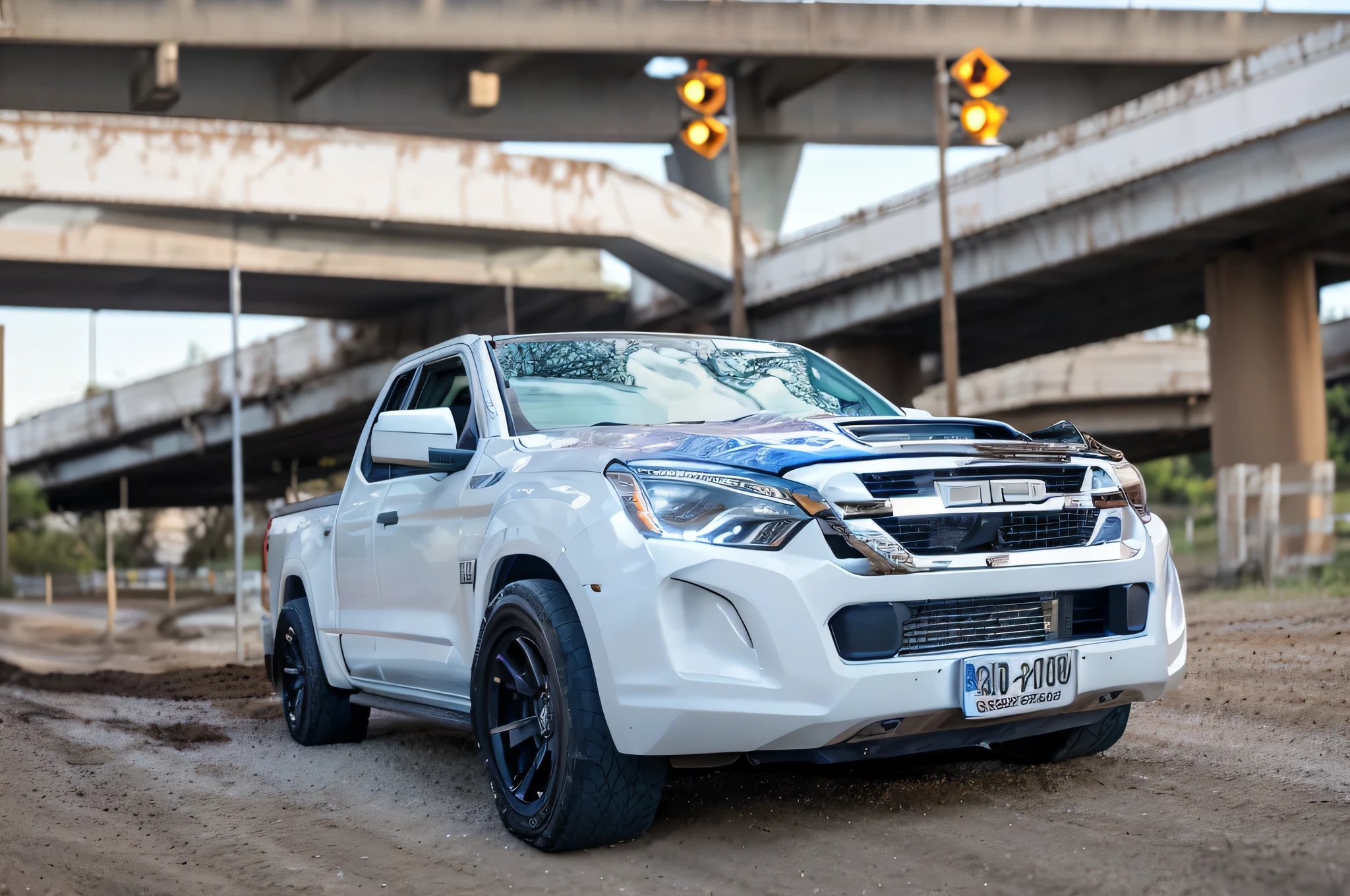 arafed white truck parked on a dirt road near a bridge, wide body, front profile shot, vehicle photography, front profile!!!!, powerful scene, sexy-s 100, frontal shot, front perspective, frontal pose, 🤬 🤮 💕 🎀, crisp smooth lines, super model-s 100, cinematic front shot, 😭 🤮 💕 🎀