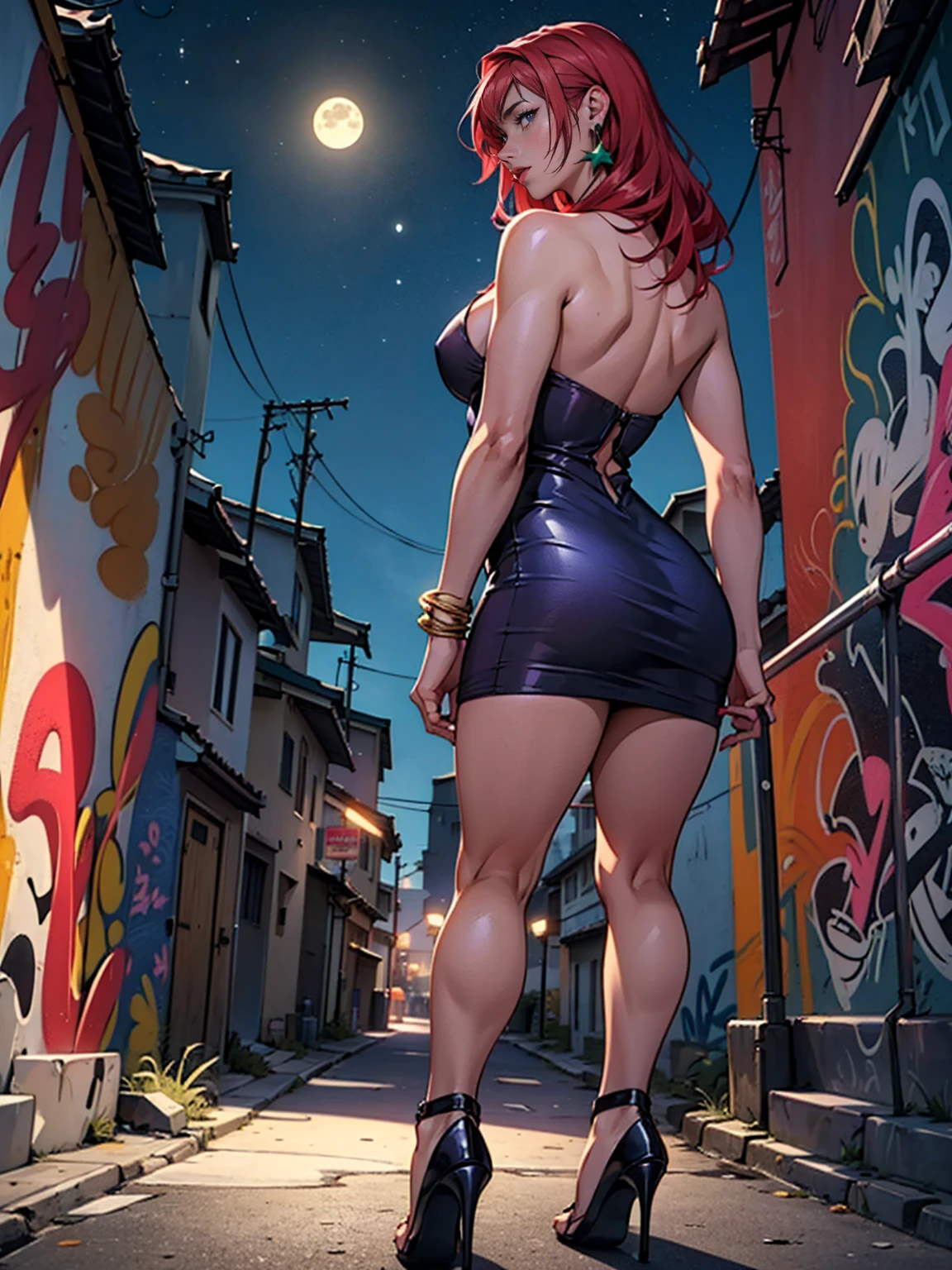 ((TakashiroHiroko, dark purple eyes, red hair, pink lipstick, Extremely detailed, ambient soft lighting, 4k, perfect eyes, a perfect face, perfect lighting, a 1girl, Lush)) austere,((high hell, stiletto high heels, jade earrings, gold jewelry, orange tube dress, tube dress, maliciosa)), night sky, clouds, , lots of , (graffiti alley, graffiti walls, in an alley, night, moonlight, starry night), back,