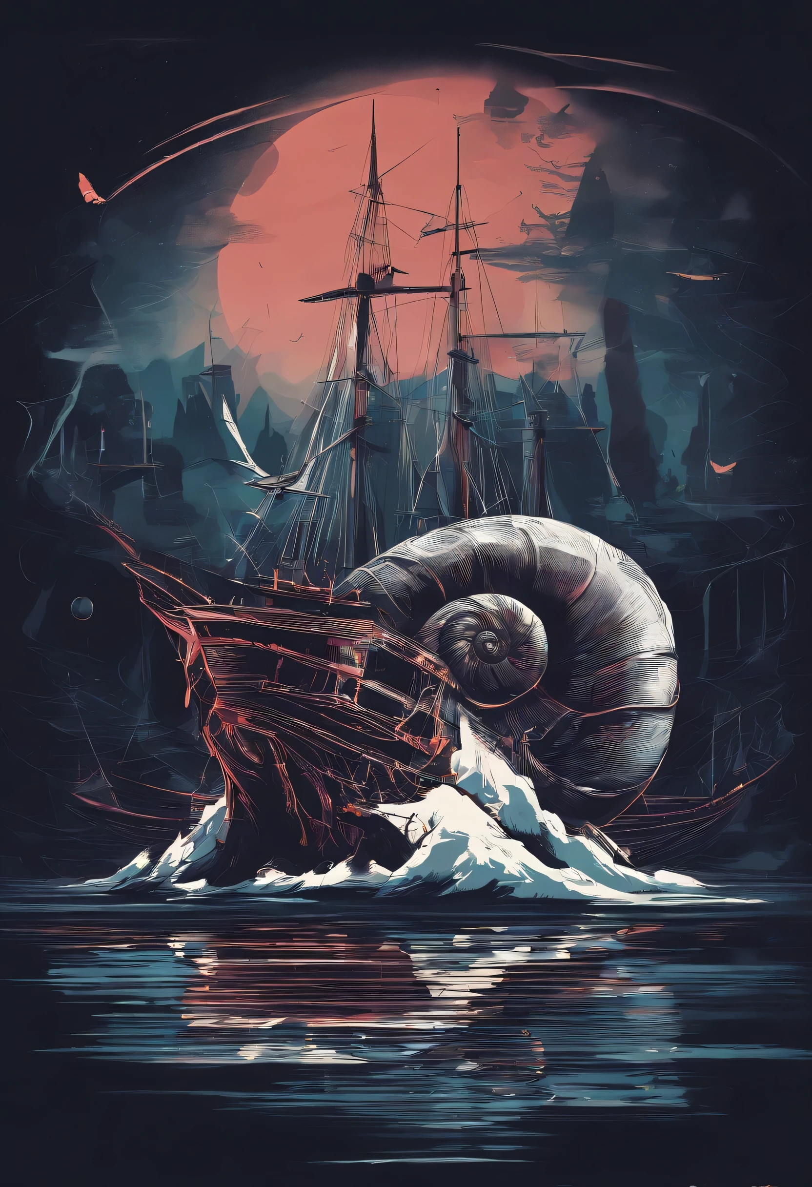 caracol gigante, (melhor qualidade, fundo preto: 1.2), cores frias, grande veleiro acima do mar e caracol monstro embaixo, caracol monstruoso, vela branca pura em veleiro, mar azul escuro, crimson sunset reflecting in the water, silhueta do navio, linhas limpas do navio, detalhes sutis do navio, ambiente calmo e sereno, ambiente tranquilo e tranquilo.