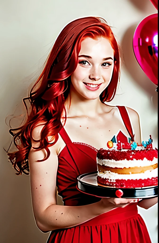there is a young girl With red hair and a red dress, gorgeous young model, color studio portrait, With red hair, young girl, color photography portrait 4k, The girl-, cute young girl, red dyed hair, young girl, holding a cake in his hands, birthday