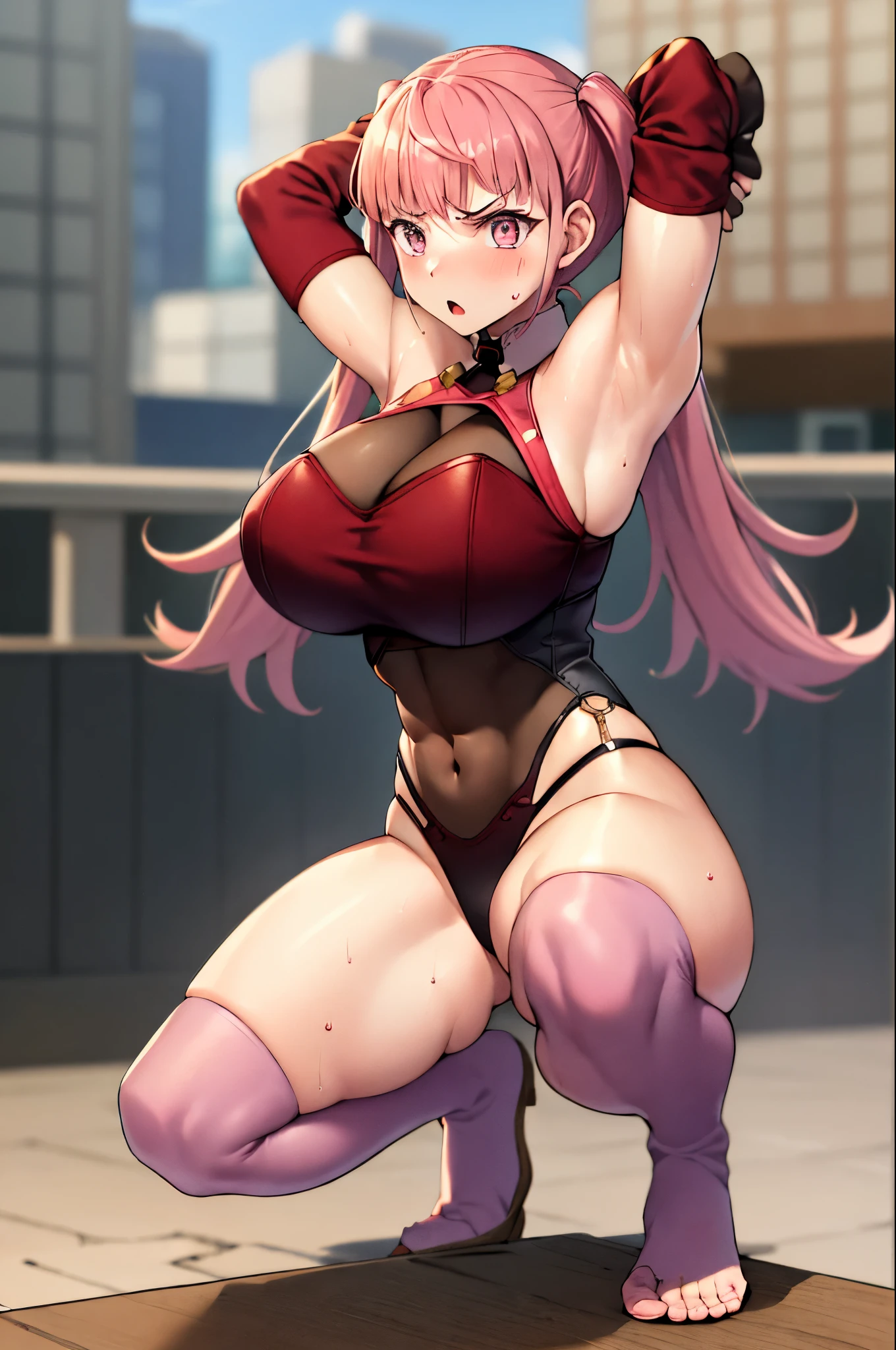 (masterpiece, best quality:1.2), cowboy shot, solo, 1girl, hilda valentine goneril, surprised, angry, looking at viewer, twintails, white leotard, pink elbow gloves. open toe thighhighs. squatting, armpits, pov, wet skin, sweat, abs, muscular, cameltoe, huge breasts, public, city