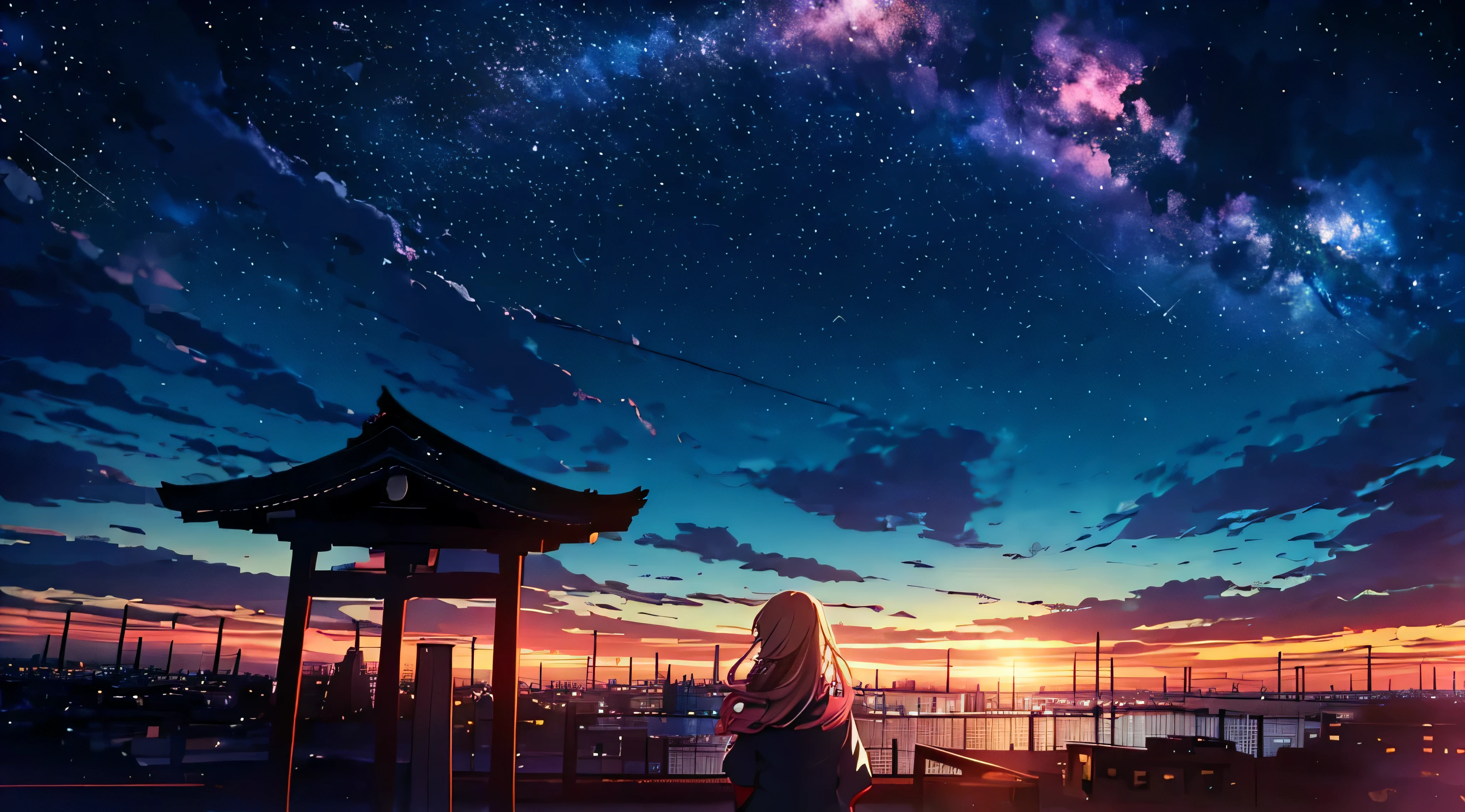 Sur le toit d&#39;a high school during&#39;une soirée remplie de stars, a girl in a Japanese school uniform looks at the night sky filled with many stars.
-1 fille -cheveux longs blonds avec pointe rose -ciel -un tas d&#39;étoiles -paysage -plaine -vent -minuit -étoiles filantes -toutes les étoiles tombant dans la même direction -la fille regarde le ciel -une meilleure vue sur le la ville et le ciel