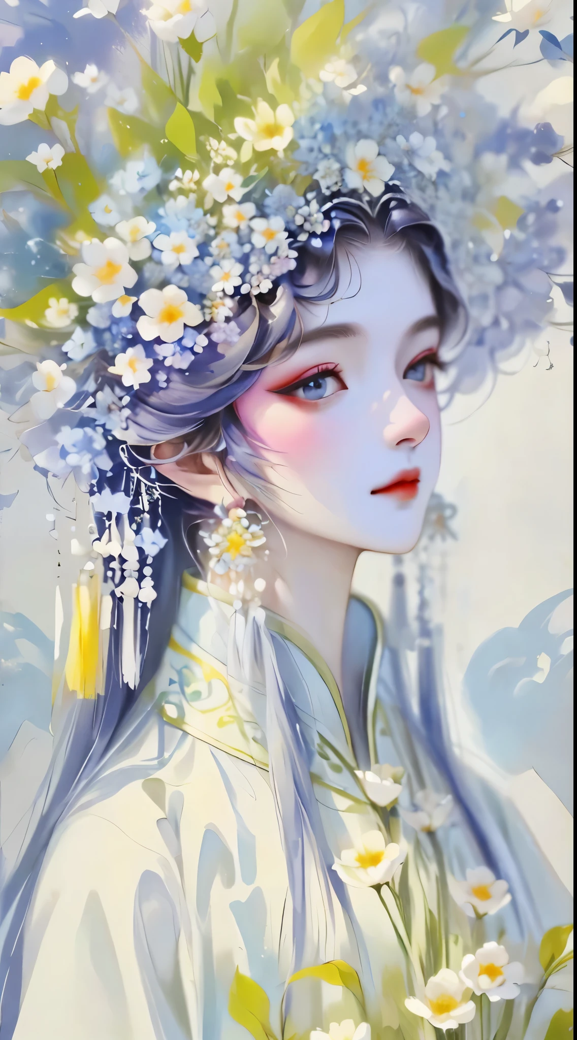 (detailed,high quality)portrait,a garden scene,Art with coloring book page effect。The background should be completely white,and only the outline of the object should be visible。Artwork should have a line art style,similar to a coloring book。It should have a mandala with natural decoration。The overall artwork should have a clean line art style,Similar to color book pages。Inspired by the brushstrokes of Alphonse Mucha,back to back,Decorate with new artistic styles。Ensures perfect detail and realistic appearance。The subject of the artwork should be gray hair,The hair is just outlined,rather than filled。