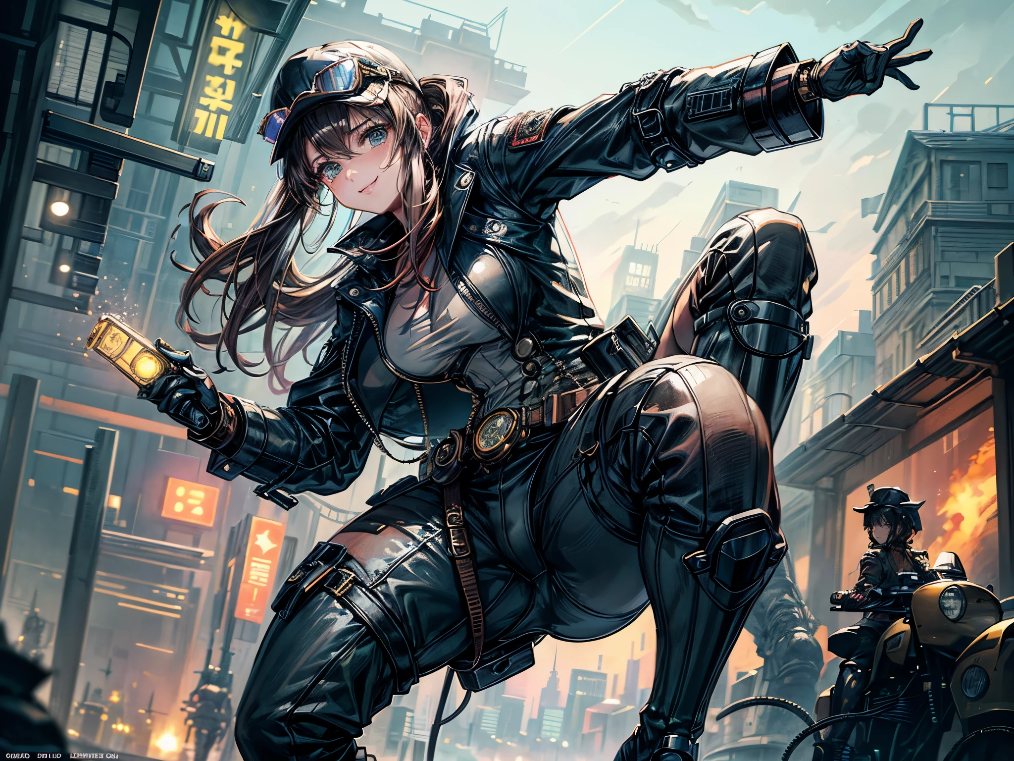 (comic book style),(line drawing_anime),(cowboy shot, highest quality, ),(Laura Budd Photo:1.2),(Laura Add Details:1.0),8k, flat color:0.8,(1 girl,smile 1.5)、(1 Riding a steampunk style bike.5)、(classic style motorcycle 1.5)、(Highly decorative and complex mechanical steampunk fashion, lace flare dolphin hat、(goggles 1.5)、machinery background、Gear background、Complex mechanized steampunk cityscape 1.5),