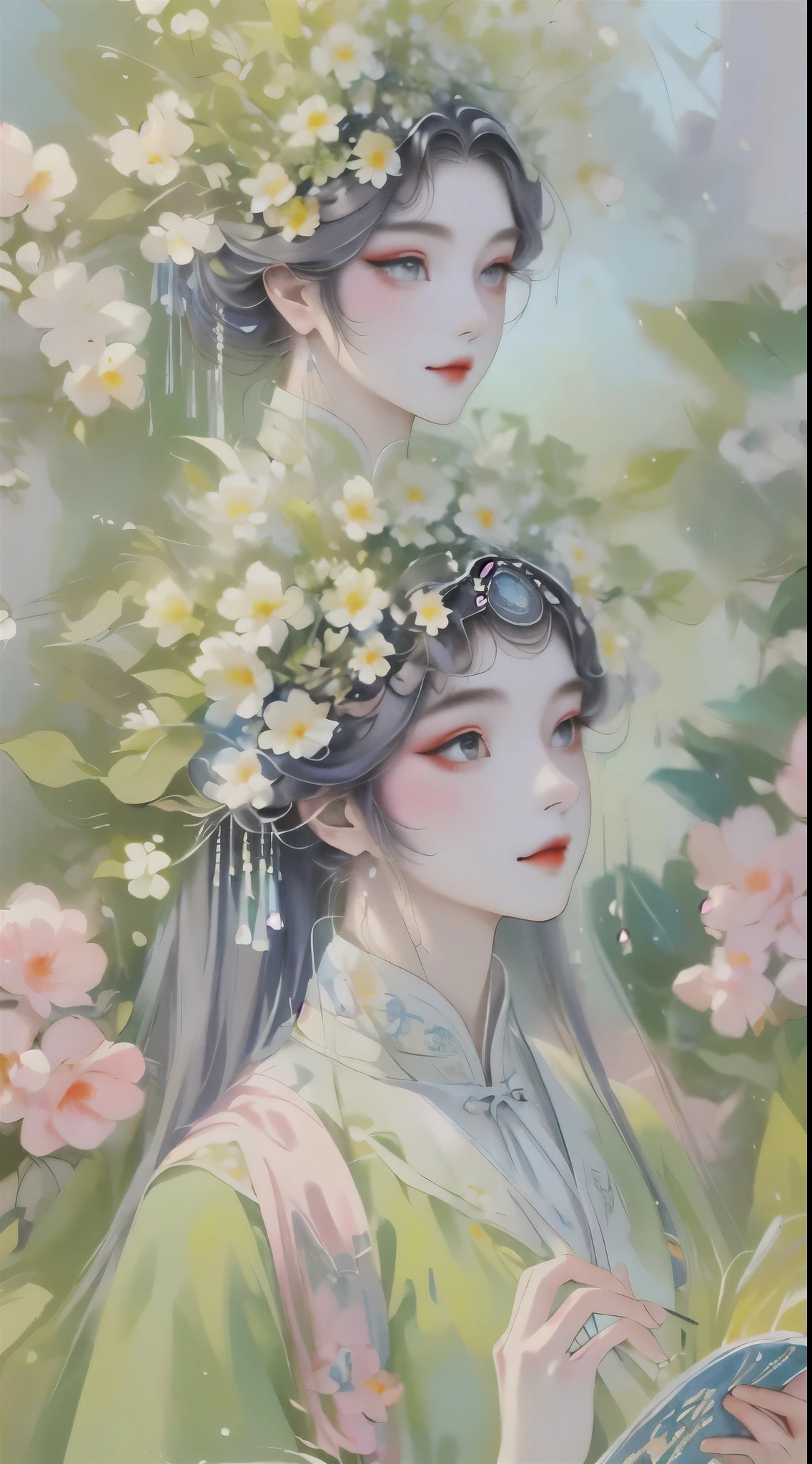 (detailed,high quality)beautiful portrait,a garden scene,Art with coloring book page effect。The background should be completely white,and only the outline of the object should be visible。Artwork should have a line art style,similar to a coloring book。It should have a mandala with natural decoration。The overall artwork should have a clean line art style,Similar to color book pages。Inspired by the brushstrokes of Alphonse Mucha,back to back,Decorate with new artistic styles。Ensures perfect detail and realistic appearance。The subject of the artwork should be gray hair,The hair is just outlined,rather than filled。