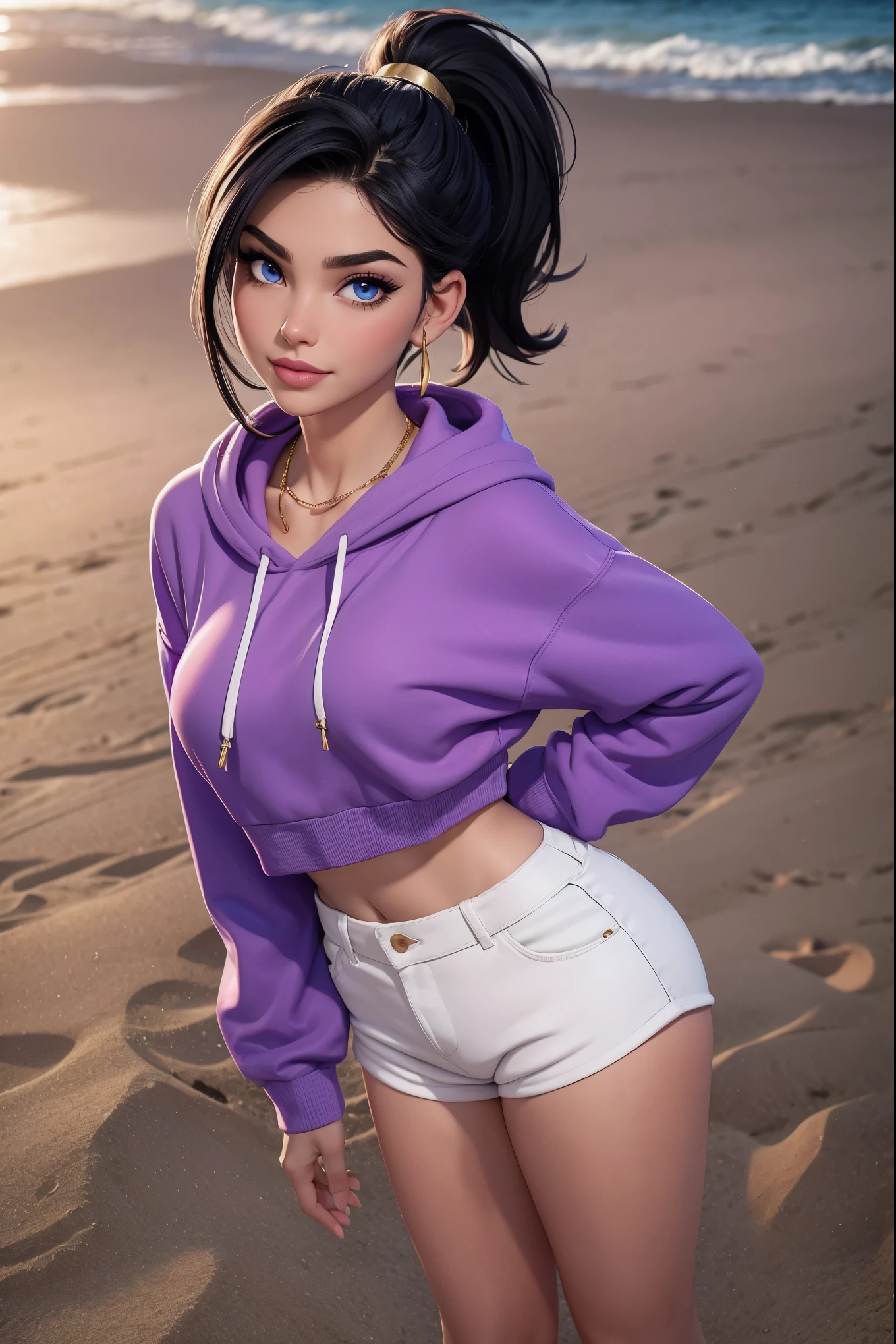 beautiful, 18 year old girl, slim body, (black hair [purple highlights]), blue eyes, pink lipstick, mascara, blush, beautiful eyebrows, white crop top hoodie, soft skin, gold necklace, ponytail, short shorts, smirk, on the beach, (full body shot), looking back at viewer