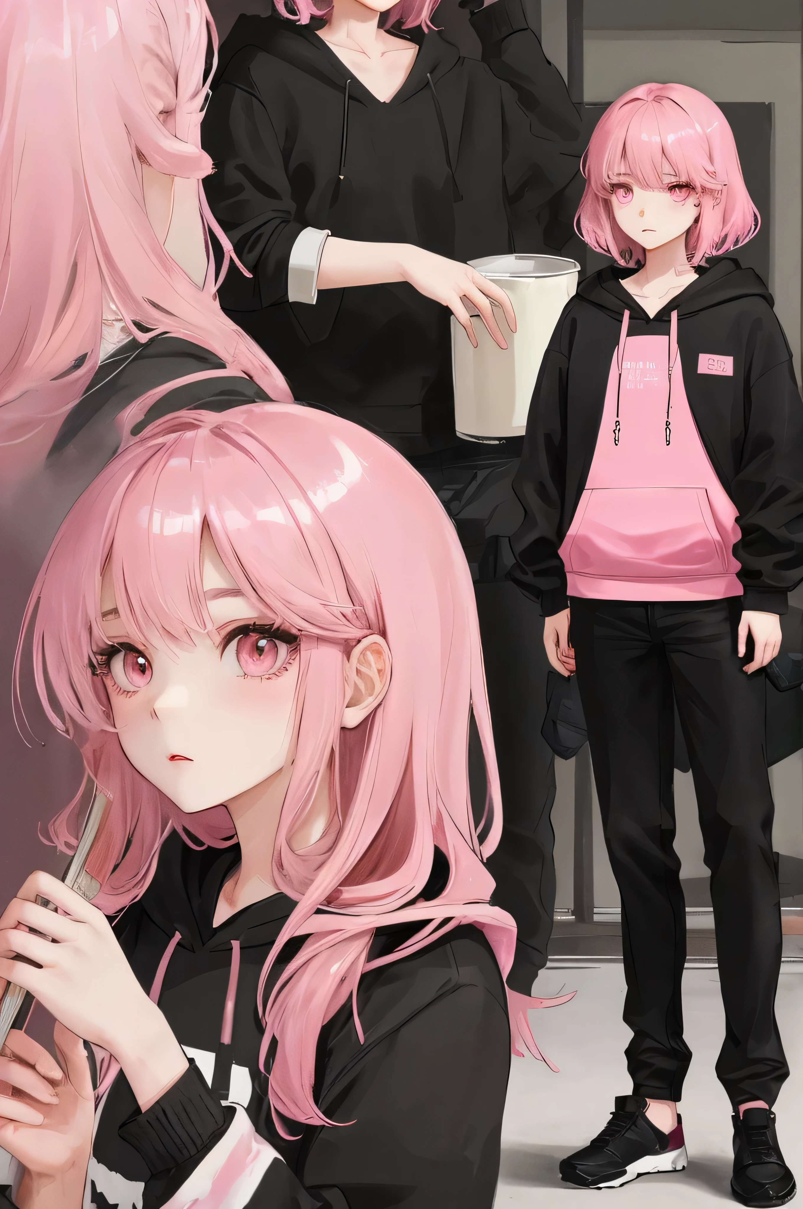 Una mujer, rosa hair, rosa eyes, rosa, gentle expression, Obra maestra, Exquisito, Alta calidad, Delicate representation of facial features., pantalones negros, rosa hoodie