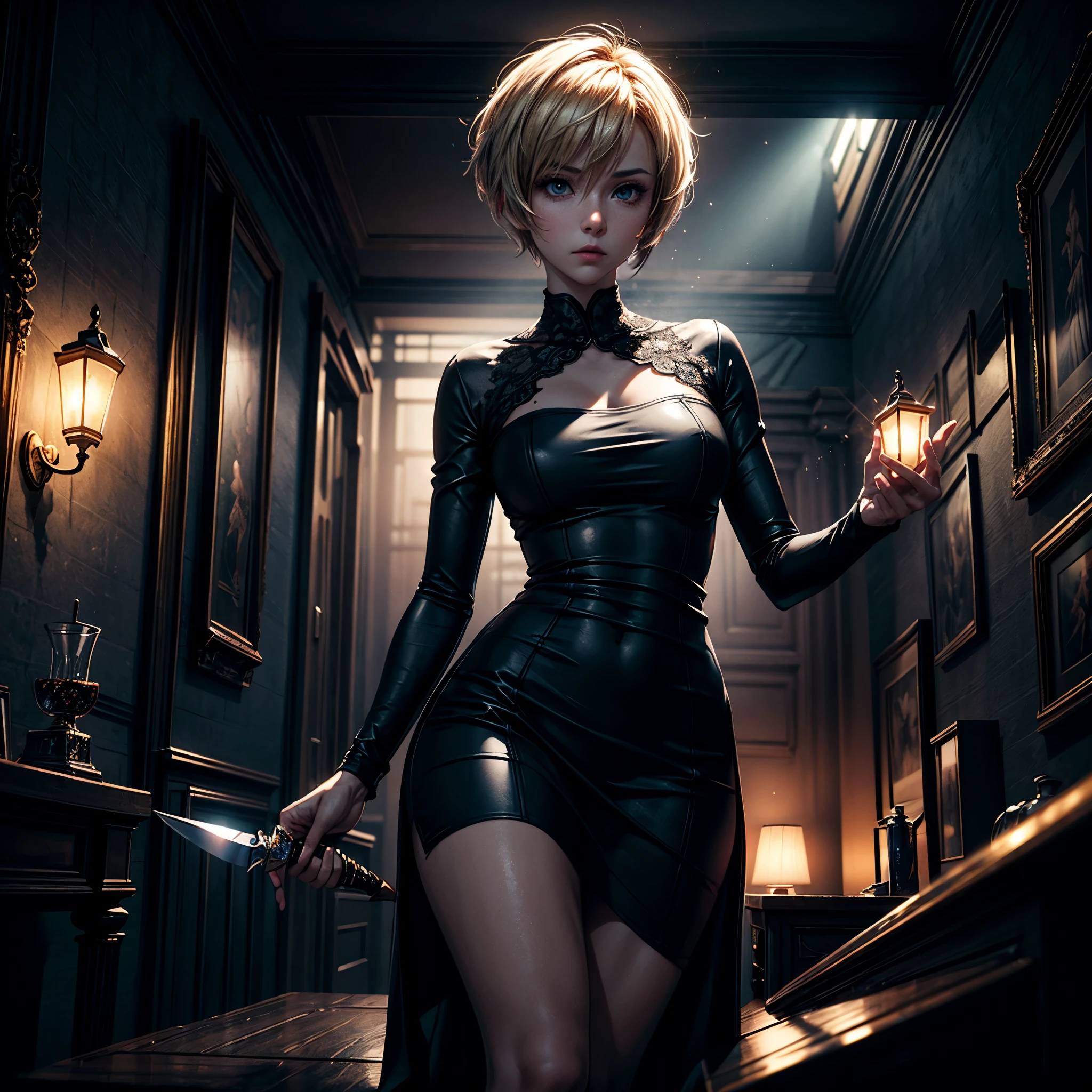 16K, ultra detailed, masterpiece, best quality, (extremely detailed), arafed, action shot, a woman spy, wearing an intricate elegant dress, dynamic color dress, blond hair, pixie cut, sexy dress, holding a (dagger: 1.3) in a elegant, high class cocktail party background, Wide-Angle, Ultra-Wide Angle, 16k, highres, best quality, high details, determined face, god rays, cinematic lighting, glowing light, silhouette, from outside, photorealism, 3D