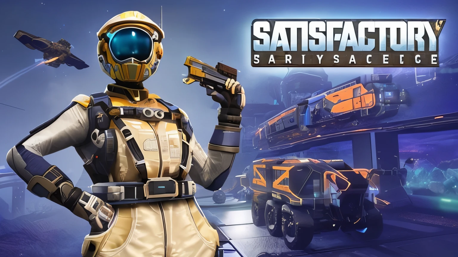 a close up of a person in a space suit holding a gun, satisfactory screenshot, ea games, taken in the early 2020s, front cover of a new video game, smug look, 🐋 as 🐘 as 🤖 as 👽 as 🐳, ssao 8 k, very stylized, sci-fi highly detailed, highly saturated, smiling spartan
