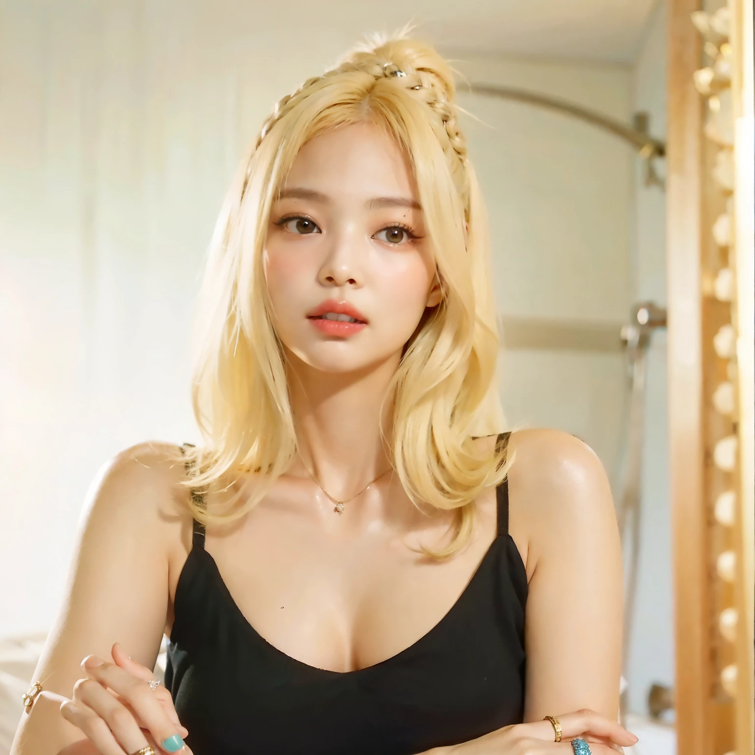 mulher loira de olhos azuis e blusa preta posando em frente a um espelho, retrato de Kim Petras, cabelo com franja branca, franja branca, longos cabelos brancos e franja, with Franja completa, Com franja, neat hair Com franja, pele clara cabelo loiro cacheado, long hair Com franja, Franja completa, franja cacheada e rabo de cavalo, long hair with Franja completa