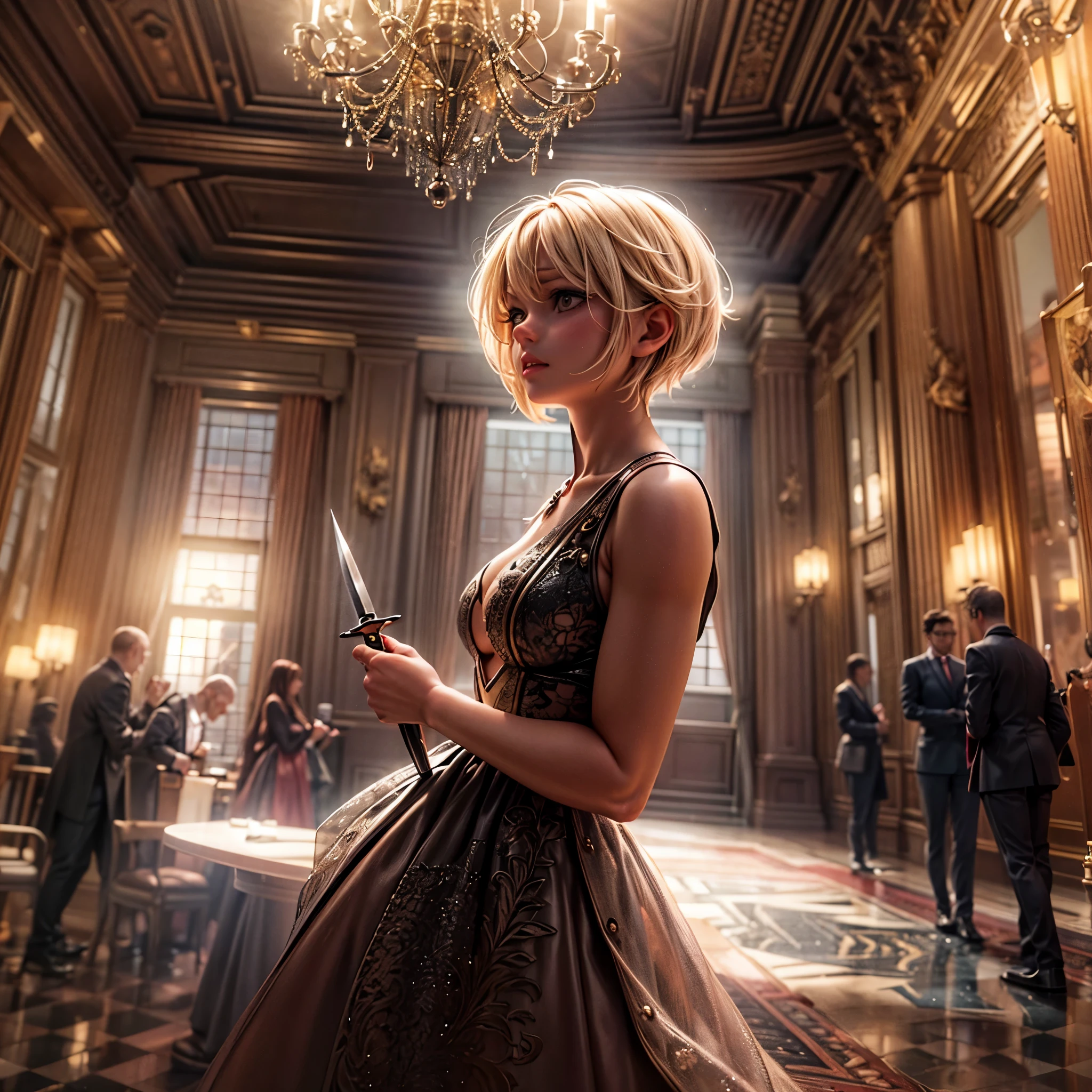 16K, ultra detailed, masterpiece, best quality, (extremely detailed), arafed, action shot, a woman spy, wearing an intricate elegant dress, dynamic color dress, blond hair, pixie cut, sexy dress, holding a (dagger: 1.3) in a elegant, high class cocktail party background, Wide-Angle, Ultra-Wide Angle, 16k, highres, best quality, high details, determined face, god rays, cinematic lighting, glowing light, silhouette, from outside, photorealism, 3D