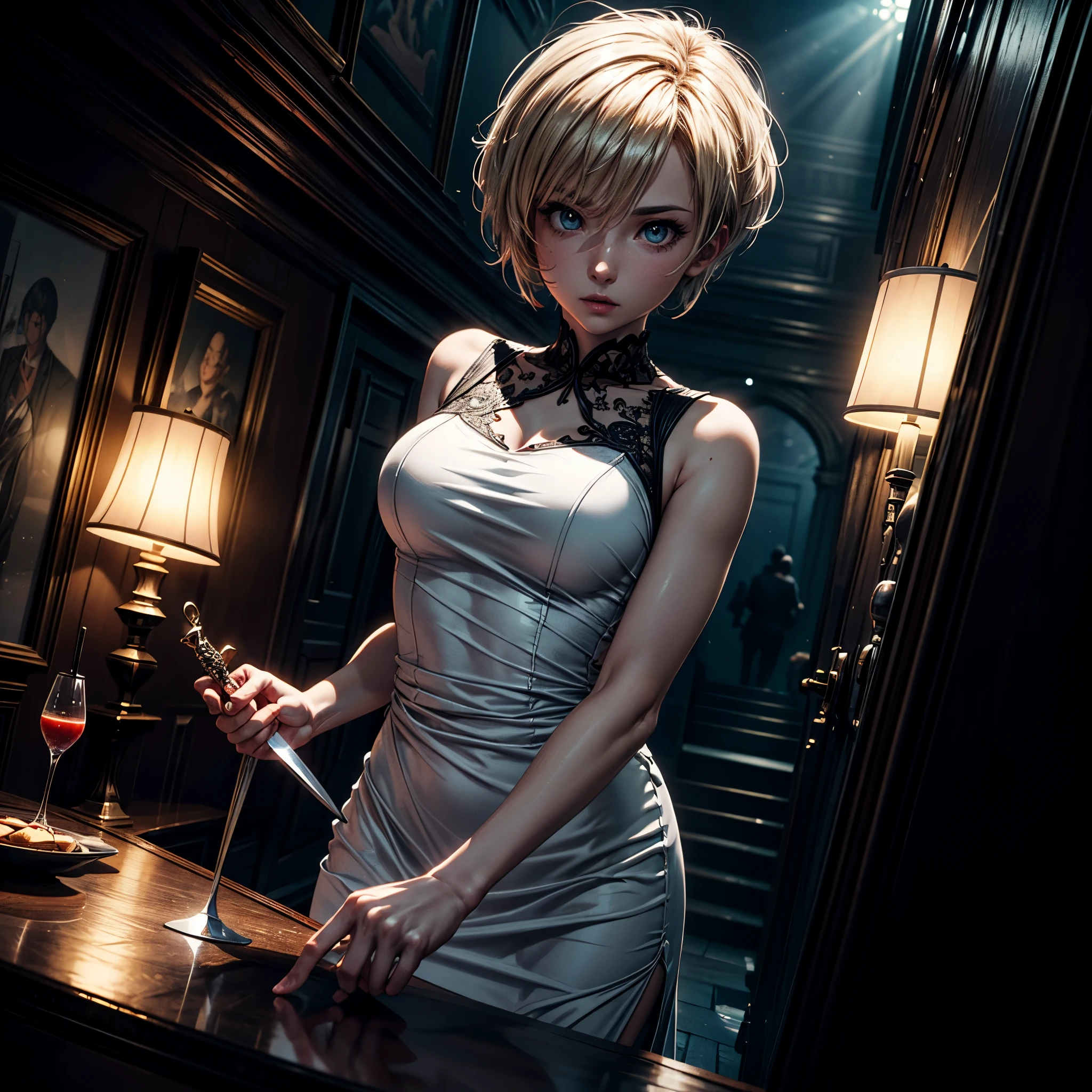 16K, ultra detailed, masterpiece, best quality, (extremely detailed), arafed, action shot, a woman spy, wearing an intricate elegant dress, white dress, blond hair, pixie cut, sexy dress, holding a (dagger: 1.3) in a elegant, high class cocktail party background, Wide-Angle, Ultra-Wide Angle, 16k, highres, best quality, high details, determined face, god rays, cinematic lighting, glowing light, silhouette, from outside, photorealism, 3D