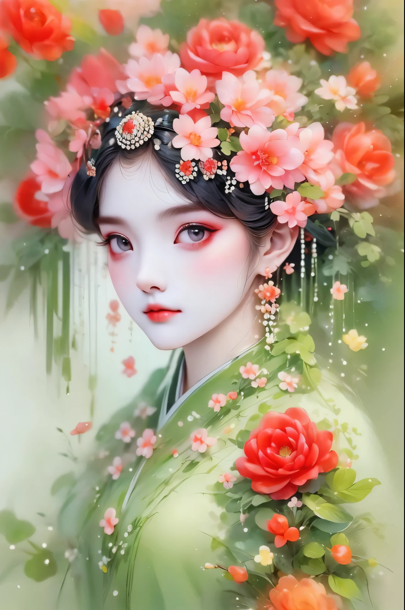 (detailed,high quality)beautiful portrait,a garden scene,Art with coloring book page effect。The background should be completely white,and only the outline of the object should be visible。Artwork should have a line art style,similar to a coloring book。It should have a mandala with natural decoration。The overall artwork should have a clean line art style,Similar to color book pages。