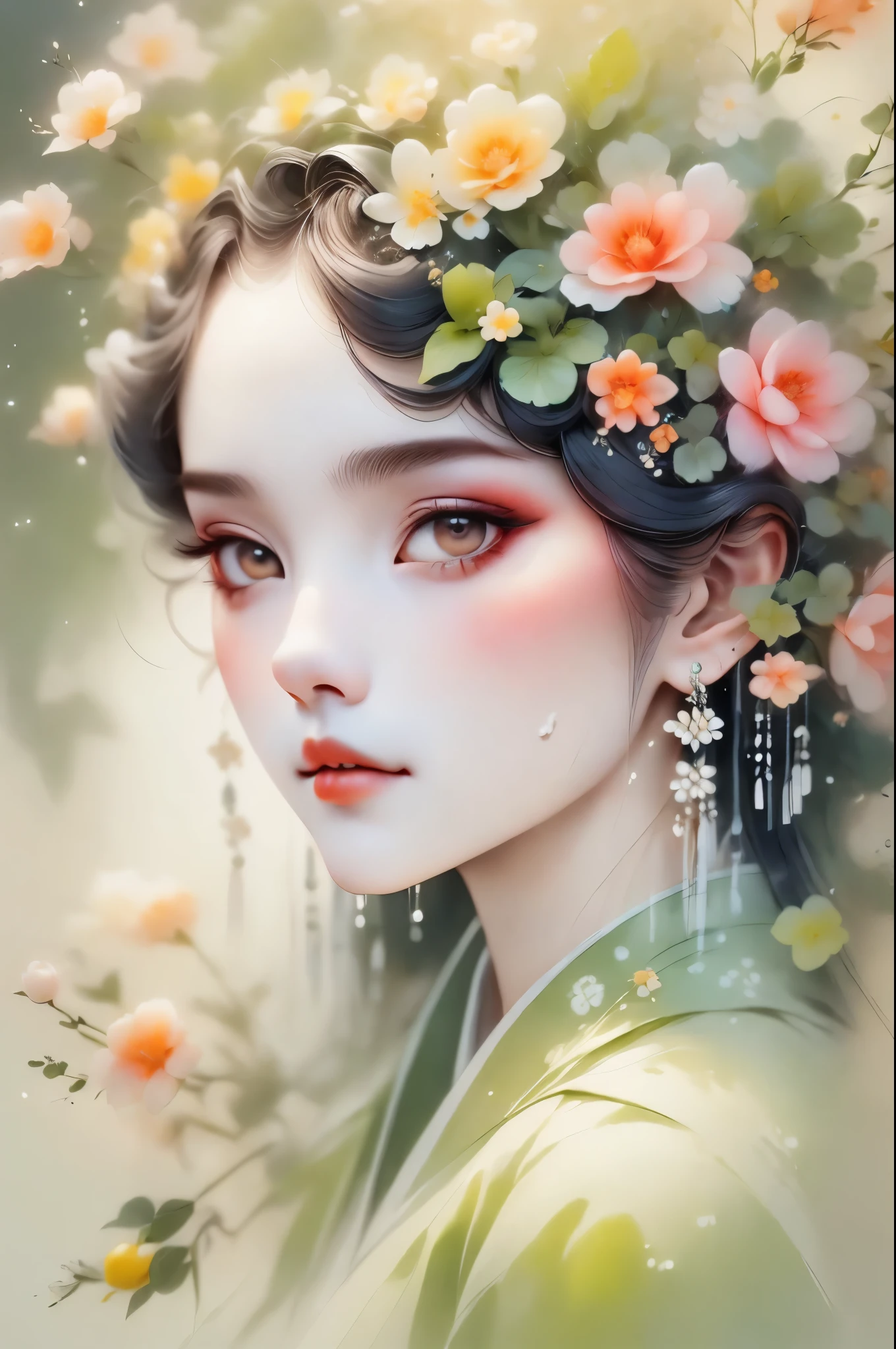 (detailed,high quality),(1 girl,beautiful portrait),a garden scene,Art with coloring book page effect。The background should be completely white,and only the outline of the object should be visible。Artwork should have a line art style,similar to a coloring book。It should have a mandala with natural decoration。The overall artwork should have a clean line art style,Similar to color book pages。Inspired by the brushstrokes of Alphonse Mucha,back to back,Decorate with new artistic styles。Ensures perfect detail and realistic appearance。The subject of the artwork should be gray hair,The hair is just outlined,rather than filled。Ink ring,ink splash,dripping ink,flowing ink,