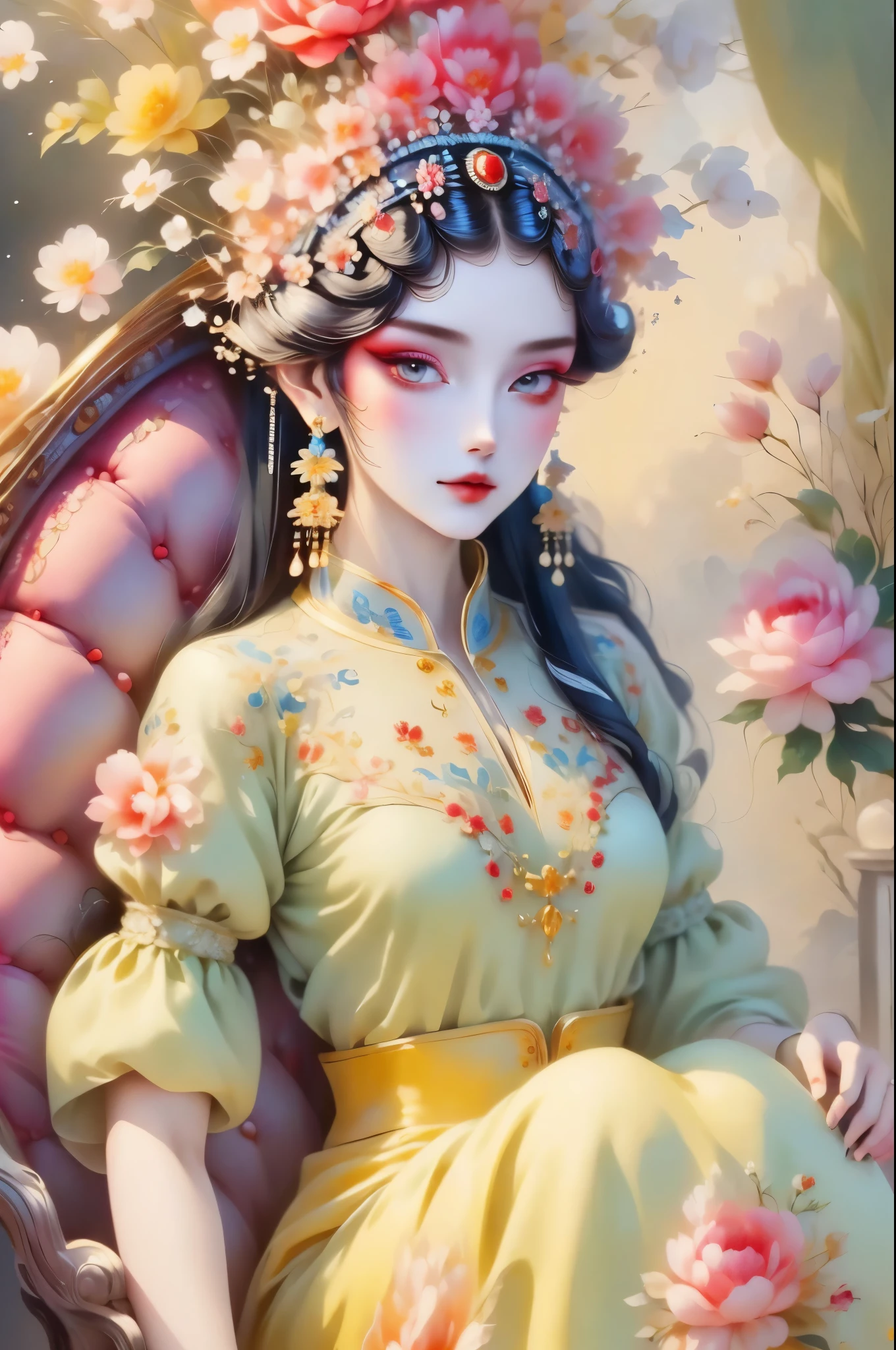 (masterpiece, top quality, best quality, official art, beautiful indulgence: 1.2), (dress), arms back, (Upper body only), (1 girl: 1.3), woman, Very detailed, rich and colorful, best details ((super detailed)), (Very detailed 2DCG illustration), (((Very delicate and beautiful))  Poker face, black hair, God&#39;s throne, earrings  