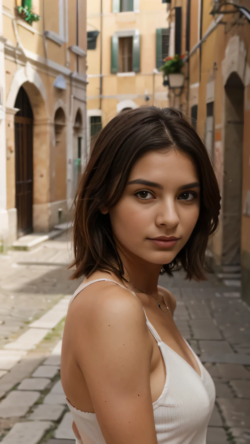 beautiful Italian girl in Rome , colisée sur fond , elle a des cheveux  court