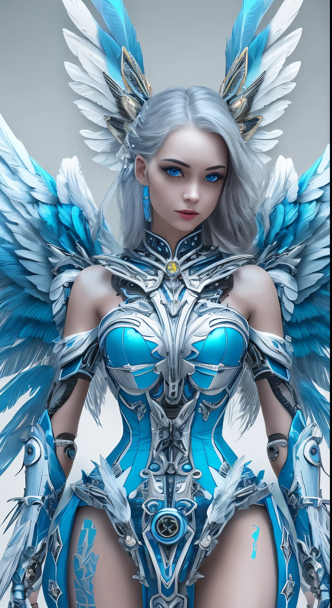 Close-up of a woman wearing a blue dress with wings, full body angel, futuristic robot angel, amazing angel wings, angel knight gothic girl, angel in plastic armor, intricate costume designs, As a mysterious Valkyrie, The whole body is made of blue feathers,, futuristic and fantastic, Blue wings, beautiful angel wings, steampunk angel, beautiful cyborg angel girl, graceful wings