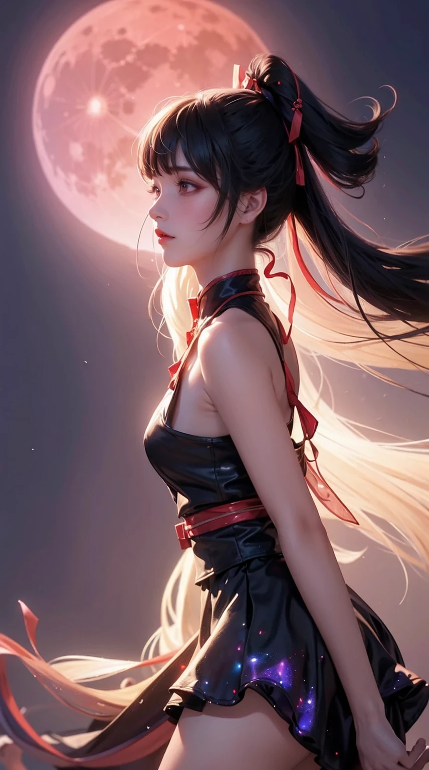 1 girl,alone,from the side,from below,Martial arts fantasy style, surreal, desert under night sky, red moon, side view, ribbon, Aether and energy surge in the darkness