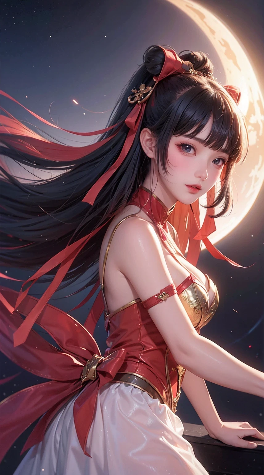 1 girl,alone,from the side,from below,Martial arts fantasy style, surreal, desert under night sky, red moon, side view, ribbon, Aether and energy surge in the darkness