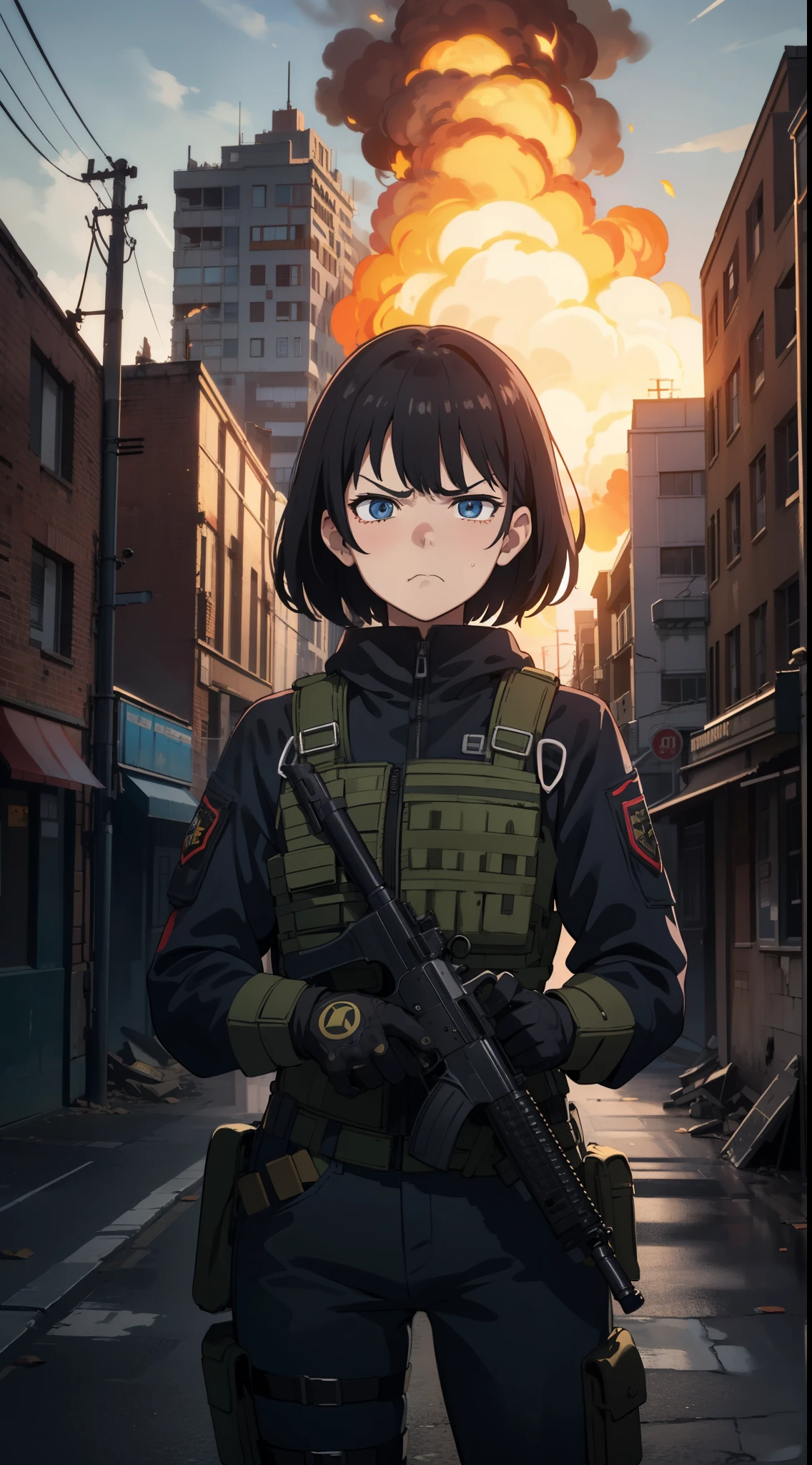 STAR15Mod, (masterpiece), (best quality), (ultra-detailed), (best illustration),(best shadow), looking at viewer, cowboy shot, fiery destroyed city background, tactical gear, tactical pouches, (gas mask:0.8), (sad expression :1.25),tactical armor, assault rifle, holstered handgun, (frown:1.3)