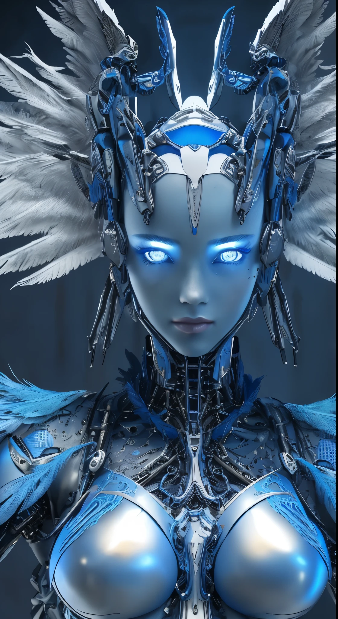 Close-up of a woman wearing a blue dress with wings, full body angel, futuristic robot angel, amazing angel wings, angel knight gothic girl, angel in plastic armor, intricate costume designs, As a mysterious Valkyrie, The whole body is made of blue feathers,, futuristic and fantastic, Blue wings, beautiful angel wings, steampunk angel, beautiful cyborg angel girl, graceful wings,be familiar with,realistic, be familiar with, skin texture, hyper be familiar with, realistic skin texture, armature, highest quality, 超High resolution, (写真realistic:1.4),, High resolution, be familiar with,