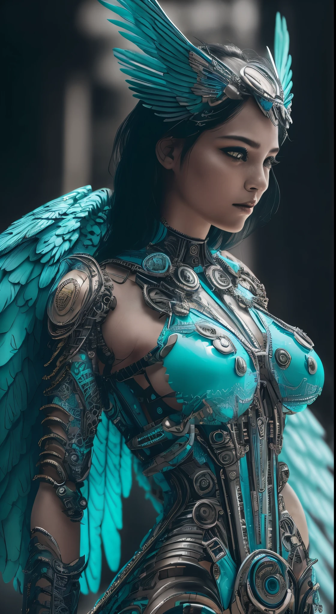 Close-up of a woman wearing a winged turquoise dress, full body angel, futuristic robot angel, amazing angel wings, angel knight gothic girl, angel in plastic armor, intricate costume designs, As a mysterious Valkyrie, The whole body is made of Turquoise feathers.,, futuristic and fantastic, Turquoise wings, beautiful angel wings, steampunk angel, beautiful cyborg angel girl, graceful wings,raw photos, Shapuri, by lee jeffries nikon d850 film stock 写真graph 4 kodak portra 400 camera f1.6 lens rich colors hyper 現実的な lifelike texture dramatic lighting unrealengine trending on artstation cinestill 800,