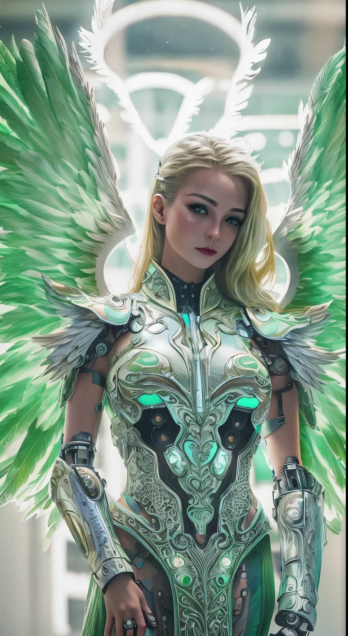 Close-up of a woman wearing a light green dress with wings, full body angel, futuristic robot angel, amazing angel wings, angel knight gothic girl, angel in plastic armor, intricate costume designs, As a mysterious Valkyrie, The whole body is made of light green feathers.,, futuristic and fantastic, Light Greenの翼, beautiful angel wings, steampunk angel, beautiful cyborg angel girl, graceful wings,raw photos, Shapuri, by lee jeffries nikon d850 film stock 写真graph 4 kodak portra 400 camera f1.6 lens rich colors hyper 現実的な lifelike texture dramatic lighting unrealengine trending on artstation cinestill 800,