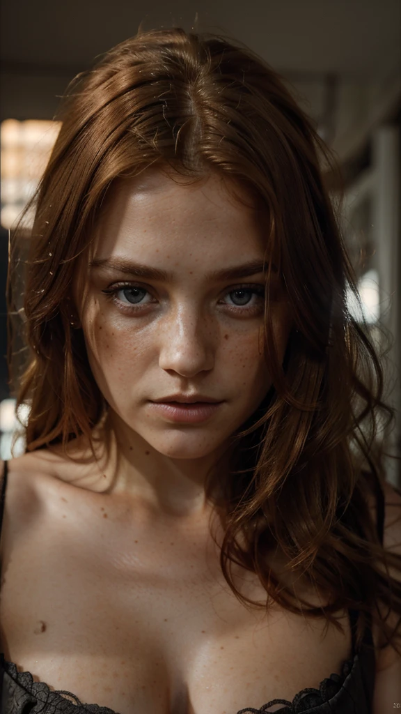(8k, RAW photo, highest quality), beautiful girl, close up, dress, (detailed eyes:0.8), defiance512, (looking at the camera:1.4), (highest quality), (best shadow), intricate details, interior, ginger hair:1.3, dark studio, muted colors, freckles