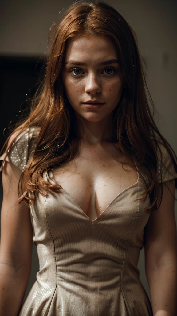 (8k, RAW photo, highest quality), beautiful girl, close up, dress, (detailed eyes:0.8), defiance512, (looking at the camera:1.4), (highest quality), (best shadow), intricate details, interior, ginger hair:1.3, dark studio, muted colors, freckles