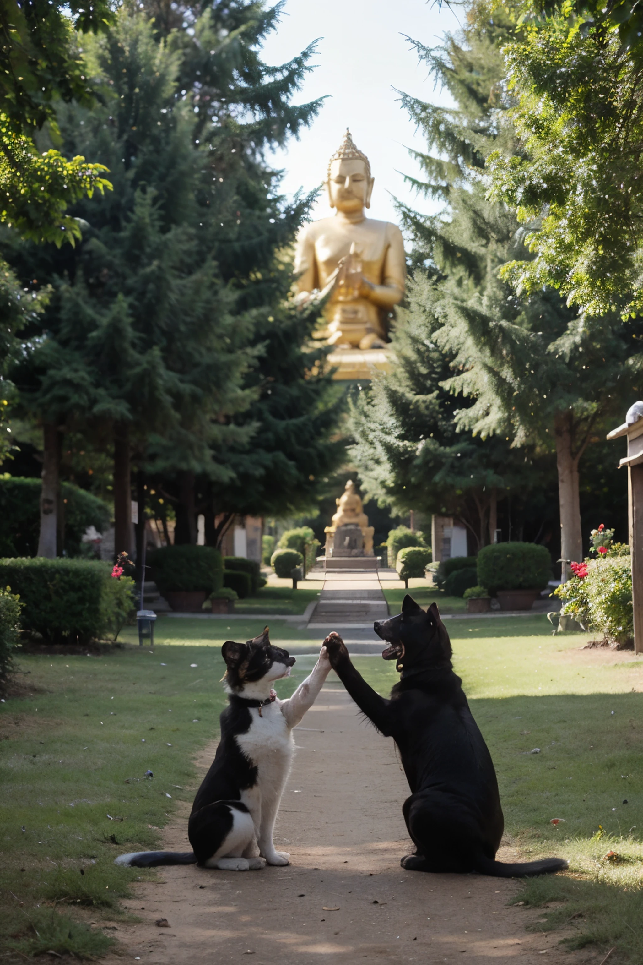 A little cat and little dog shaking hands in front of golden Gautam Buddha, green trees with sunshine painting