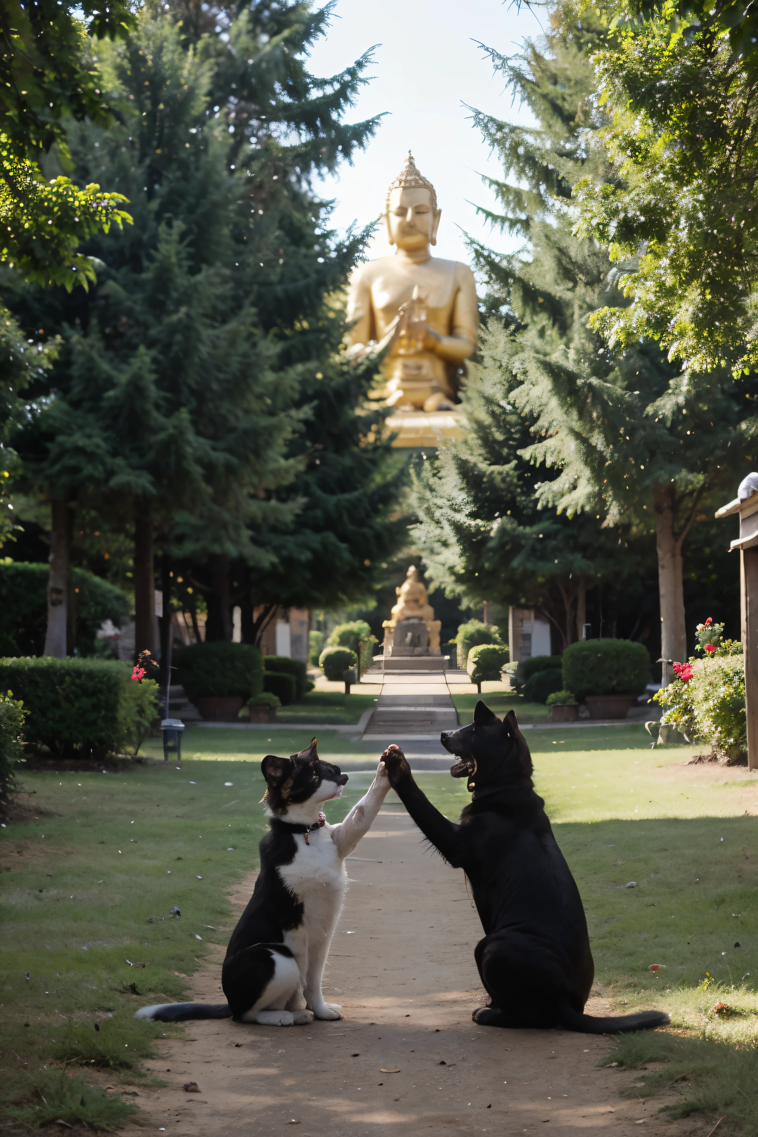 A little cat and little dog shaking hands in front of golden Gautam Buddha, green trees with sunshine painting 