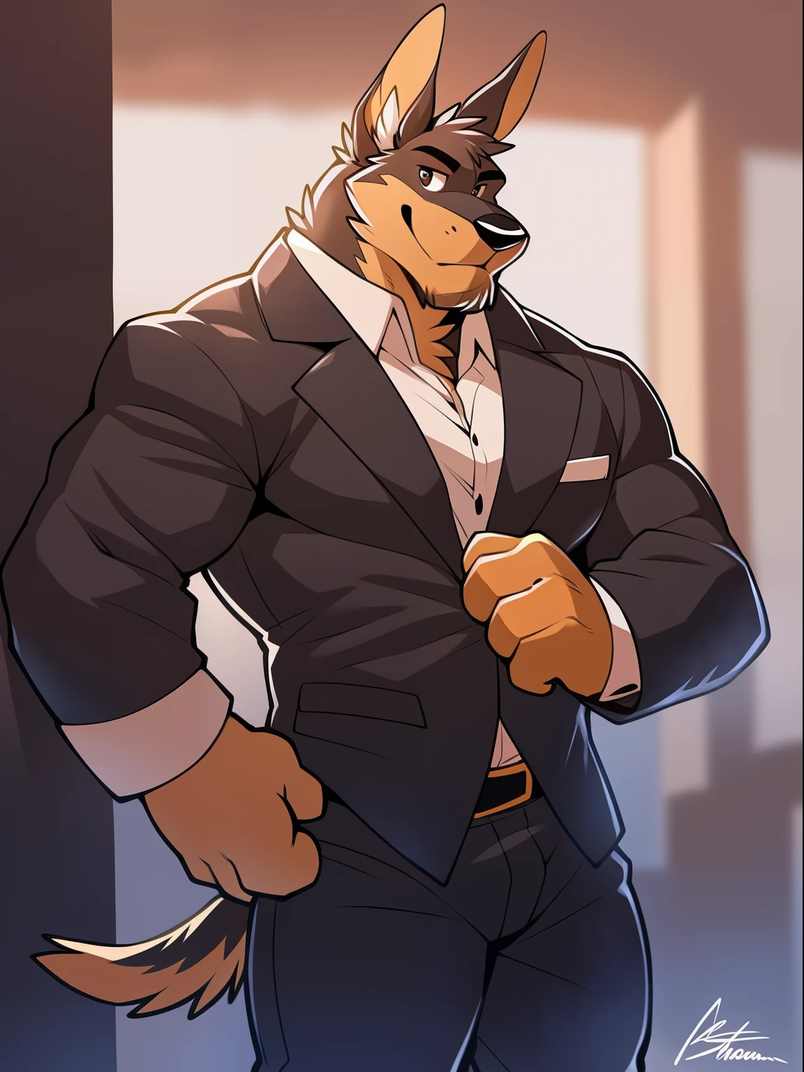 author: Takemoto Arashi, Solo, Male, A dog, Doberman, Muscular, standing, alleys, suit, 