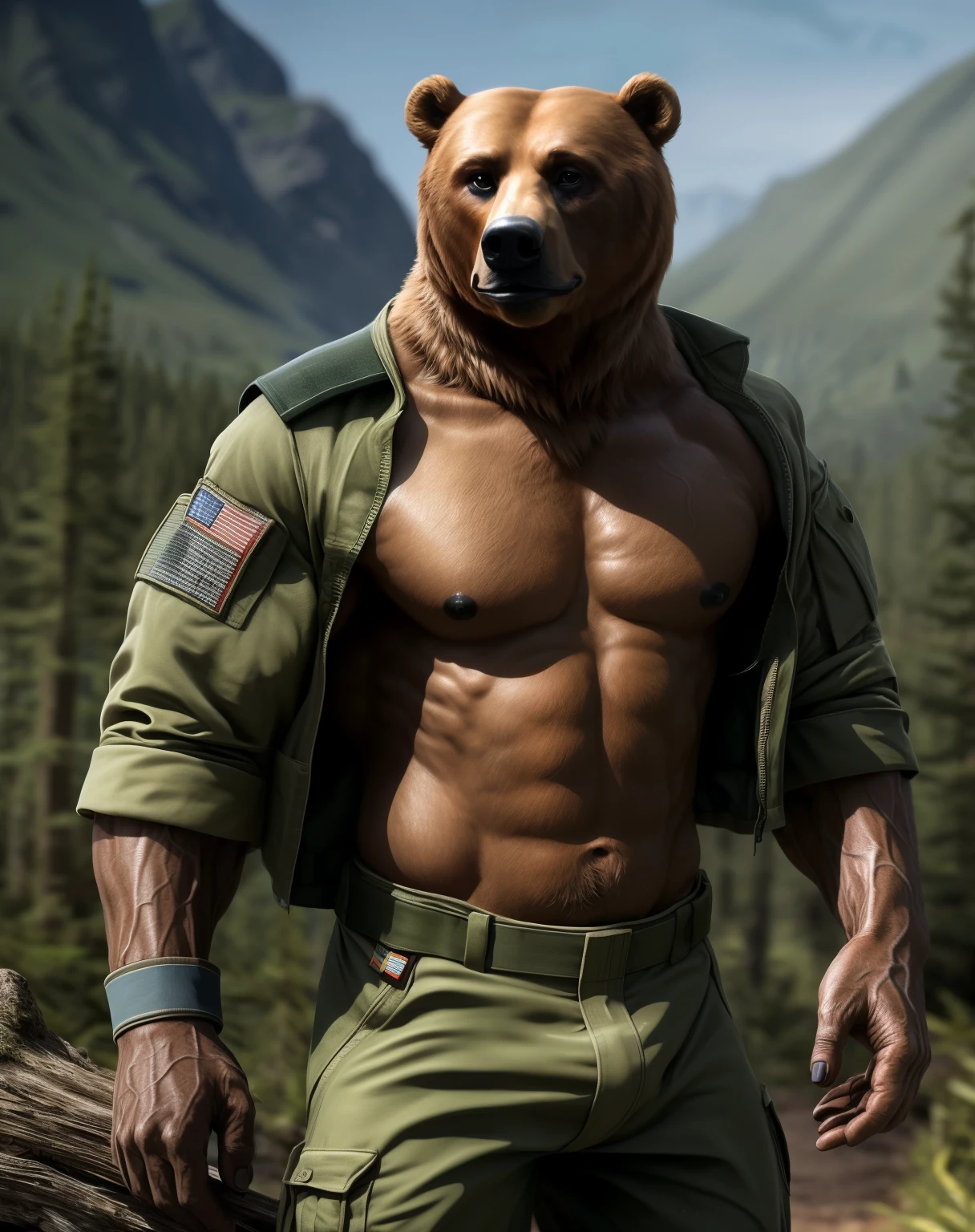 anthro, brown bear, solo, male, adult, veiny muscles, muscular, buffed body, bulky, military pants, soldier, veteran, serious look, small eye, furred body, detailed background, wilderness background, realistic, photorealistic, ultra realistic, 8k, bare-chested, blue armband, black nipples, black eyes, tight big crotch, no button military jacket