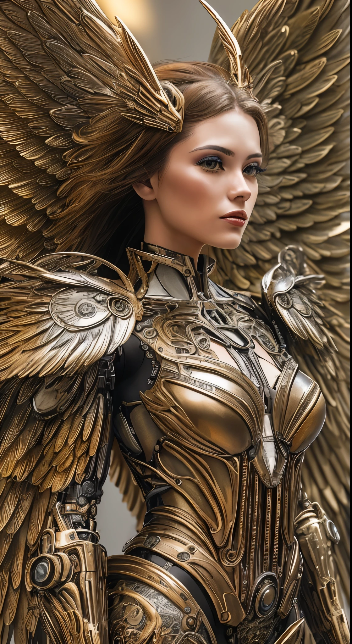 Close-up of a woman wearing a bronze dress with wings, full body angel, futuristic robot angel, amazing angel wings, angel knight gothic girl, angel in plastic armor, intricate costume designs, As a mysterious Valkyrie, The whole body is made of bronze feathers.,, futuristic and fantastic, bronze wings, beautiful angel wings, steampunk angel, beautiful cyborg angel girl, graceful wings