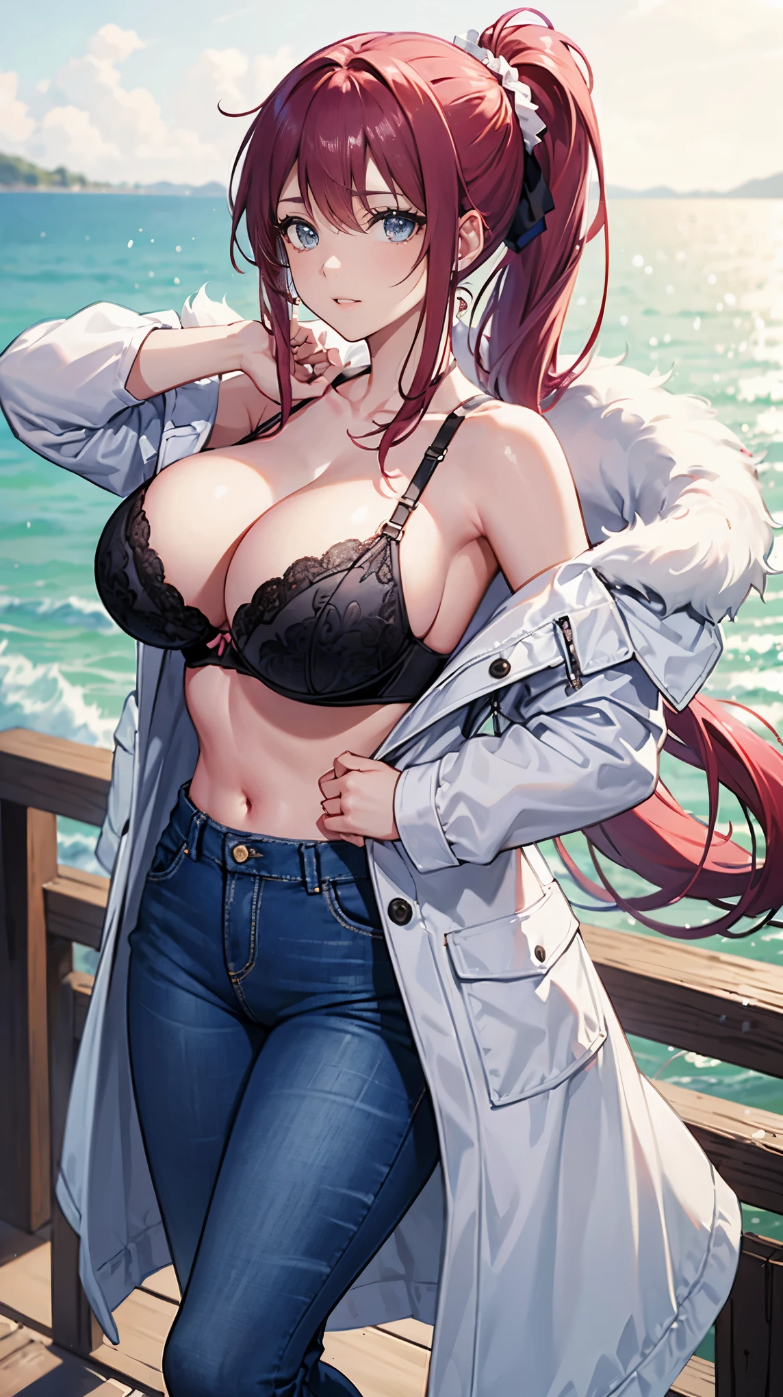 Pink single ponytail，masterpiece:1.3，best quality, jeans，???????????，???? wrap bra，???????????, bright colors, soft light，white coat，Behind is the seaside