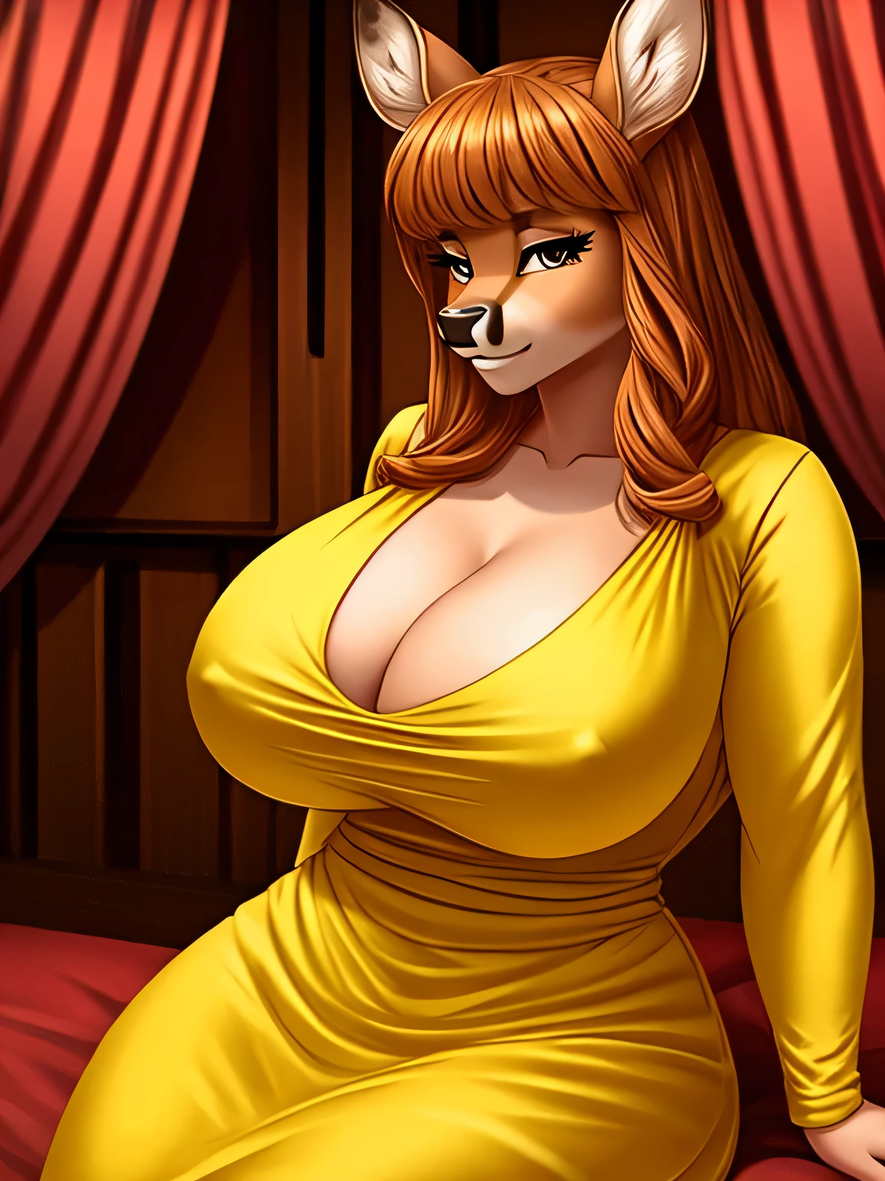 Female deer, long yellow dress, long sleeve, big breasts, cleavage