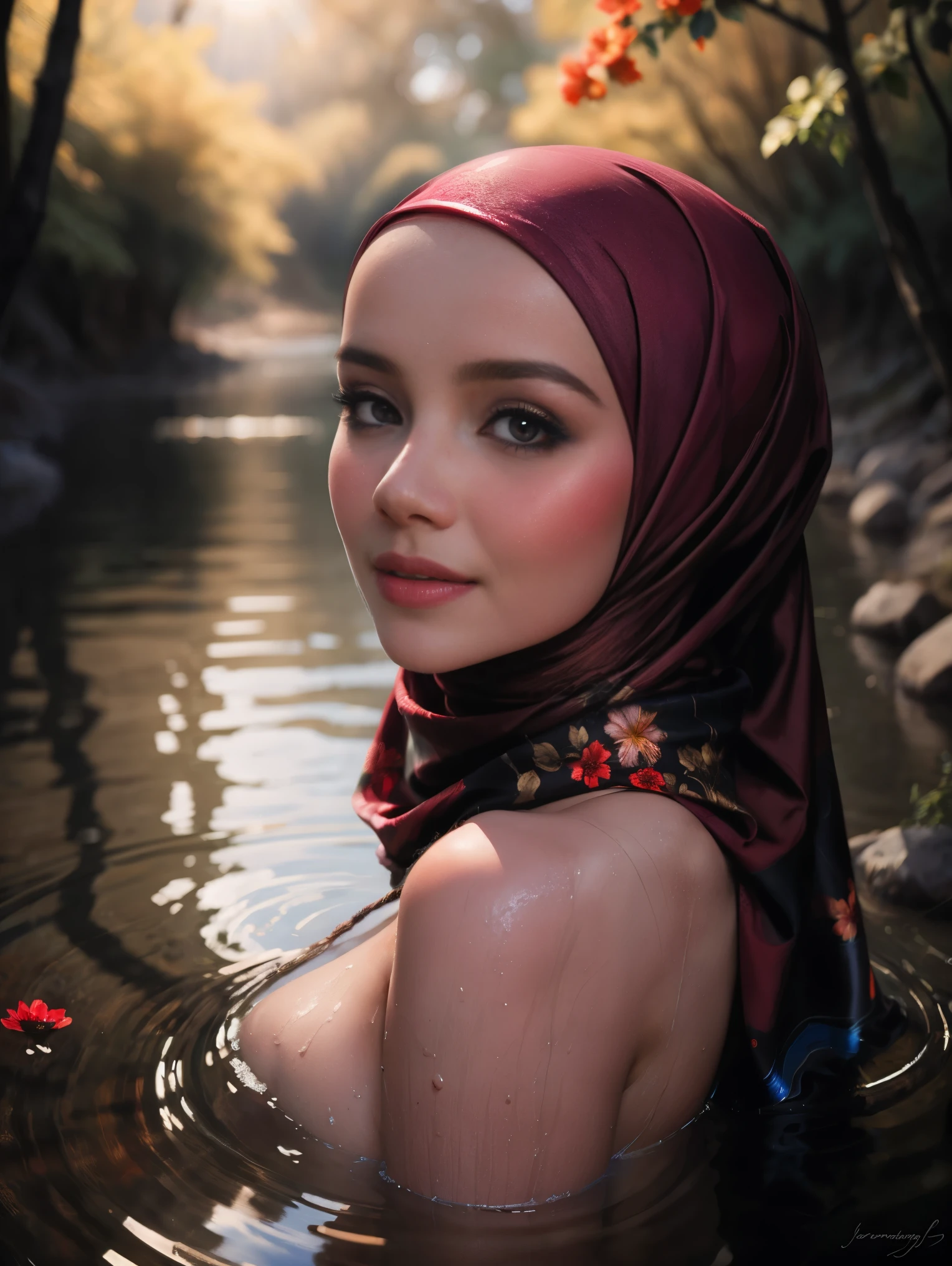 close-up portrait of a beautiful woman hijab, bathing in a river, wearing red net dress, (backlight), realistic, masterpiece, high quality, lens reflection, shadow, flower, [[chromatic aberration]], by Jeremy Lipking, by Antonio J. Manzanedo, digital painting,