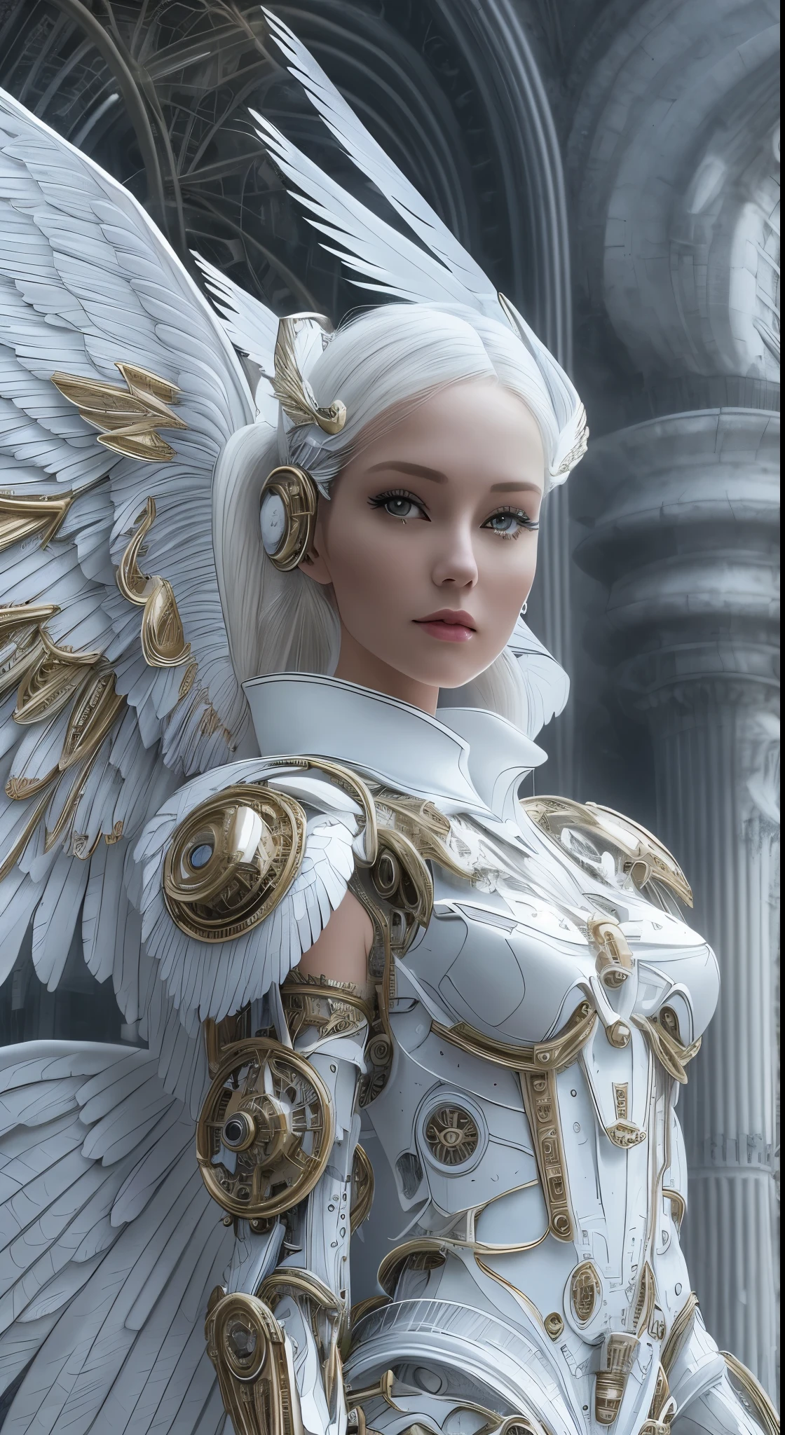 Close-up of a woman in a white dress with wings, full body angel, futuristic robot angel, amazing angel wings, angel knight gothic girl, angel in plastic armor, intricate costume designs, As a mysterious Valkyrie, The whole body is made of white feathers,, futuristic and fantastic, white wings, beautiful angel wings, steampunk angel, beautiful cyborg angel girl, graceful wings