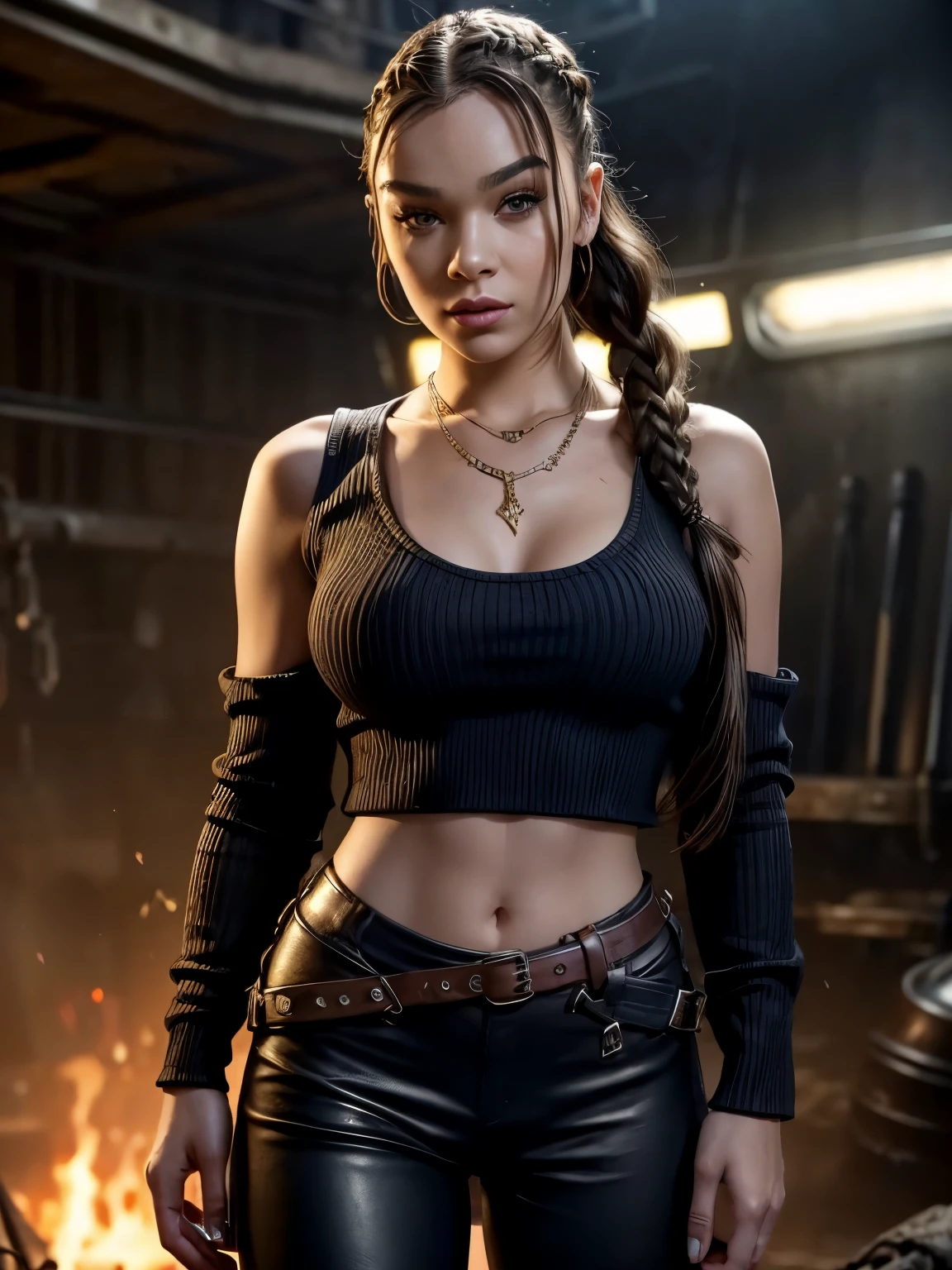 gorgeous woman, solo, looking at viewer, brunette cornrow hairstyle, jewely, Full body, a necklace, off shoulders, Sweaters, Realistic, brown eyes, A sexy, leather, ruined living rom background, apocalyse, mad max setting, armageddon, ready for action, 