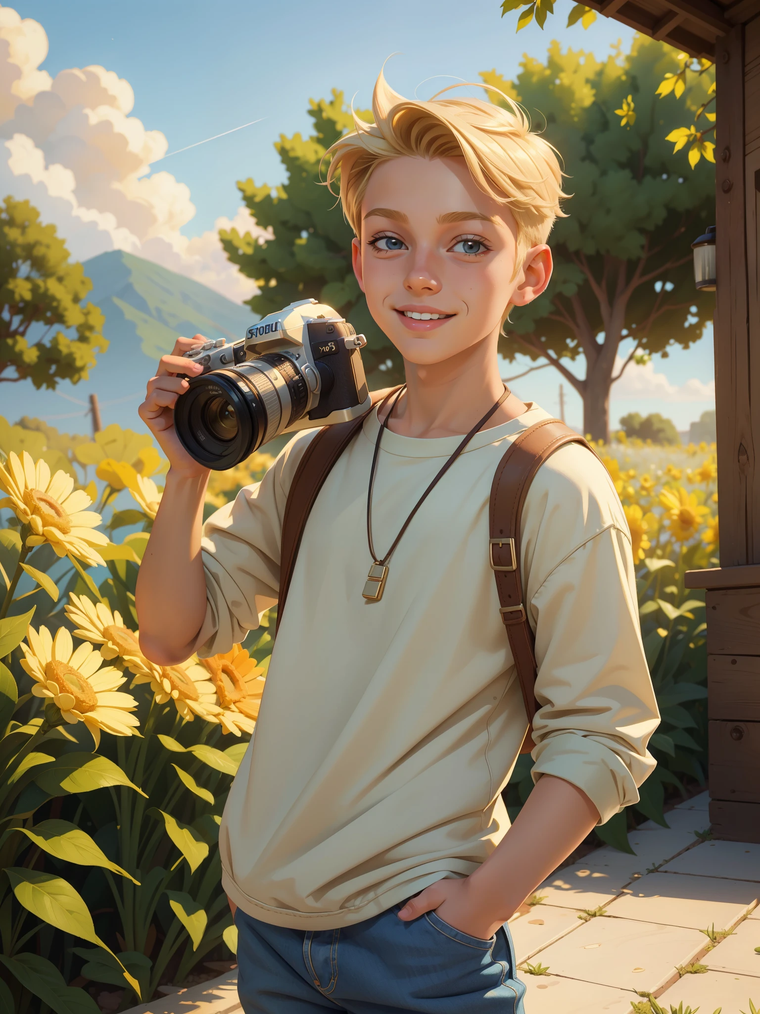 (cute, beautiful) blonde. Androgynous.  Bug lips(), (wearing) (loose summer outfit), [holding camera]. (Optimistic).

(Photorealistic), (vivid colors) smile, (ultra-detailed), (masterpiece:1.2), [studio lighting].

Please generate the Stable Diffusion prompt directly without adding any prefix.