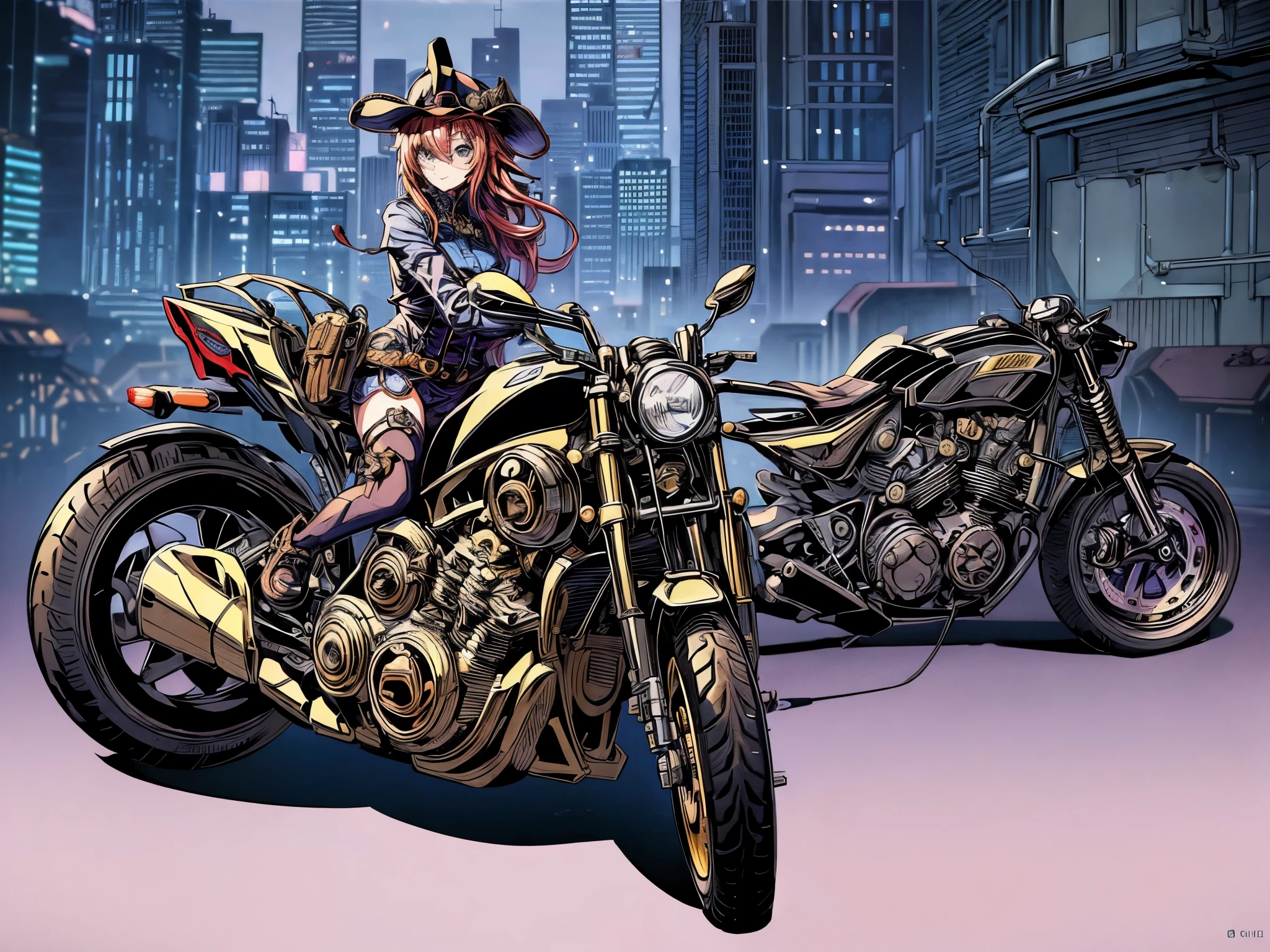 (comic book style),(line drawing_anime),(cowboy shot, highest quality, ),(Laura Budd Photo:1.2),(Laura Add Details:1.0),8k, flat color:0.8,(1 girl,smile 1.5)、(1 Riding a steampunk style bike.5)、(classic style motorcycle 1.5)、(Highly decorative and complex mechanical steampunk fashion, lace flare dolphin hat、(goggles 1.5)、machinery background、Gear background、Complex mechanized steampunk cityscape 1.5),